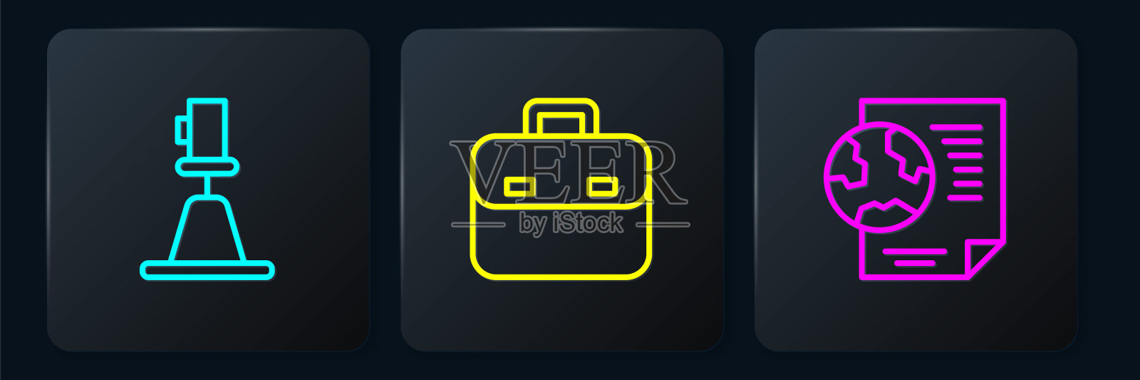 设置线路测速仪，经纬仪，地球仪与文件和公文包。黑色方形按钮。向量插画图片素材