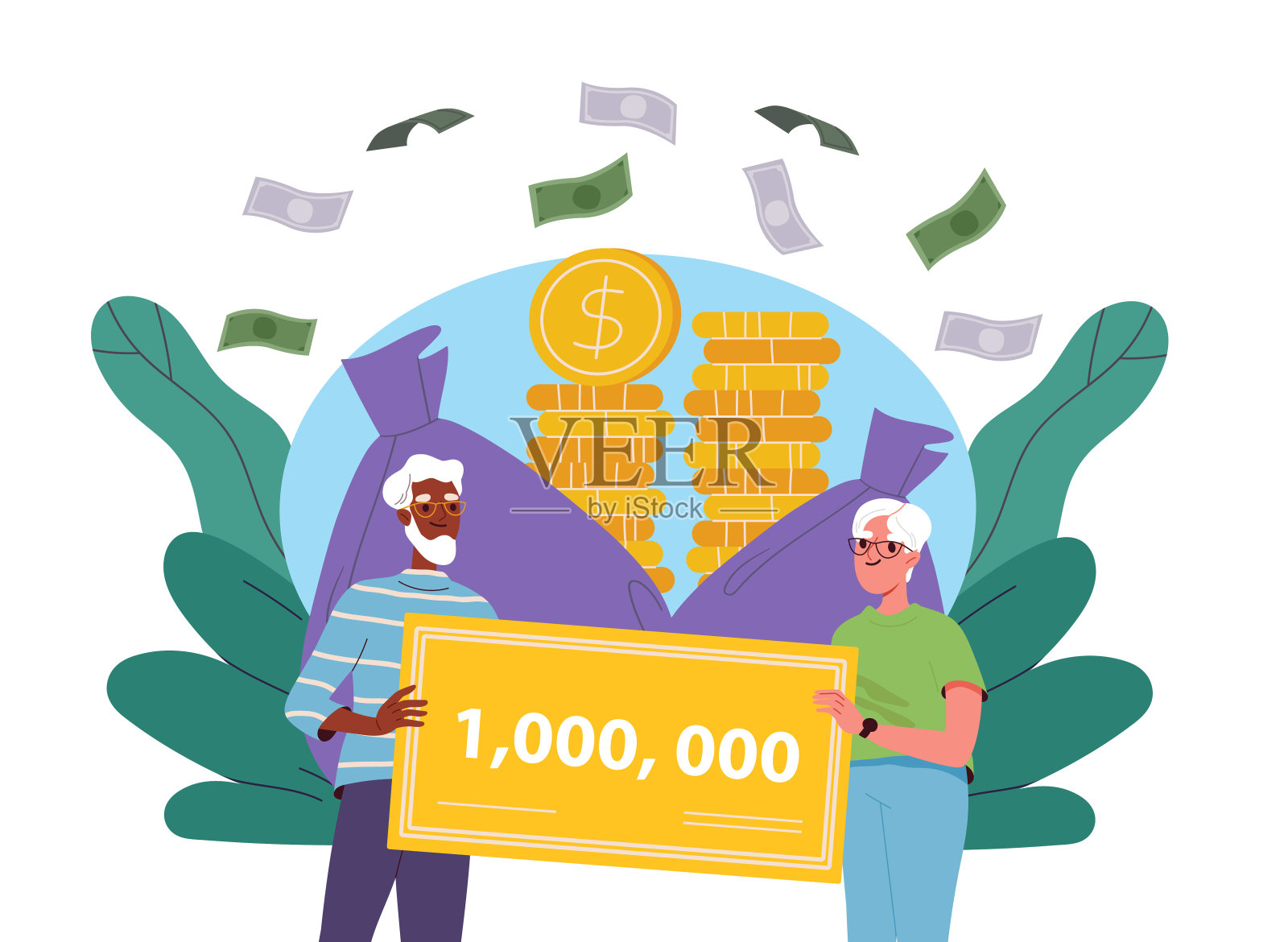 老人赢了钱。一对老夫妇手里拿着彩票，旁边是几袋金币。有奖彩票中奖者。幸福的老夫妇拿着现金。卡通矢量插图插画图片素材