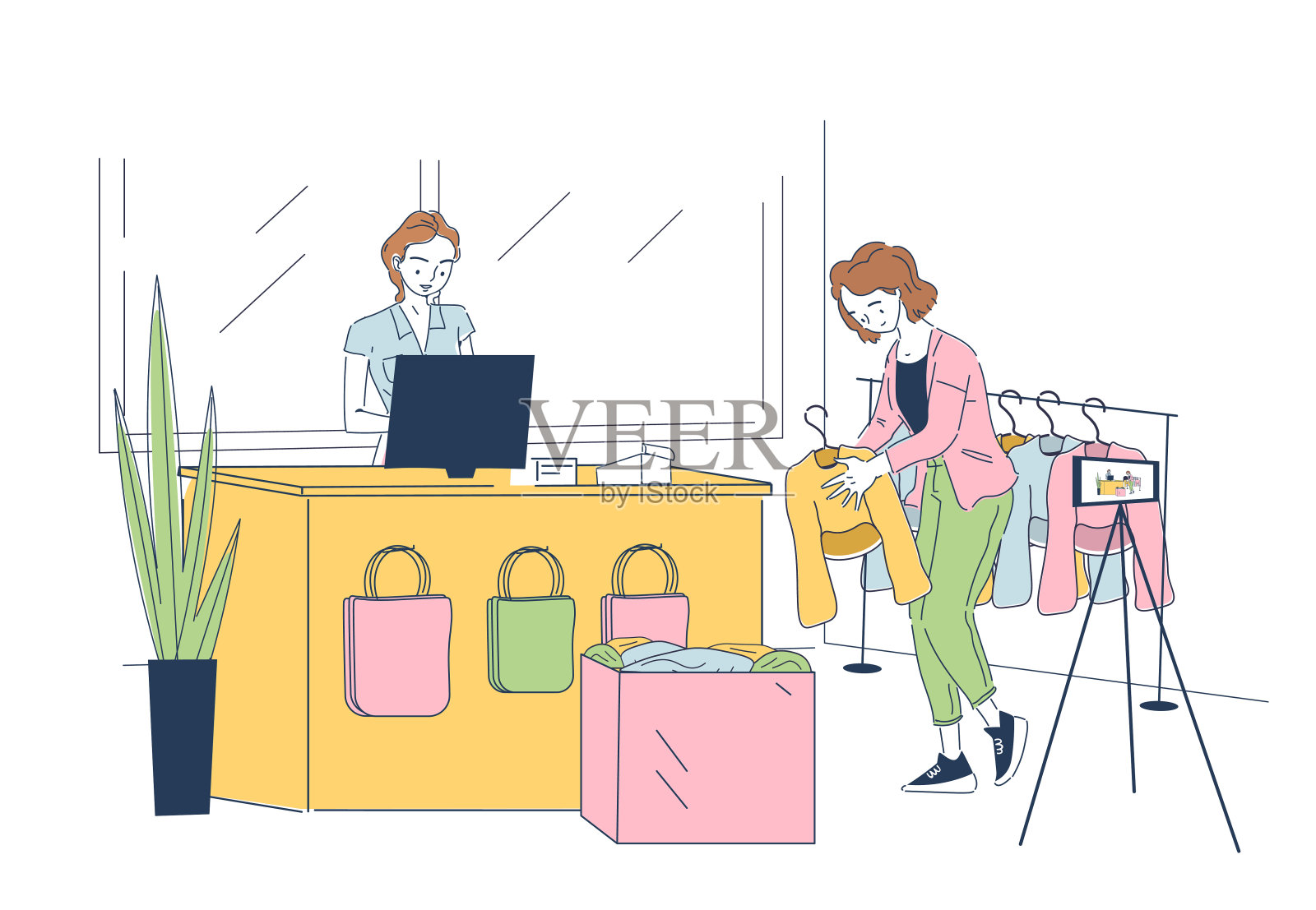 博主买衣服。在精品店拿着相机的女人选择时尚时尚的衣服。受欢迎的性格造就了内容。时尚、潮流和风格。线性向量图解插画图片素材