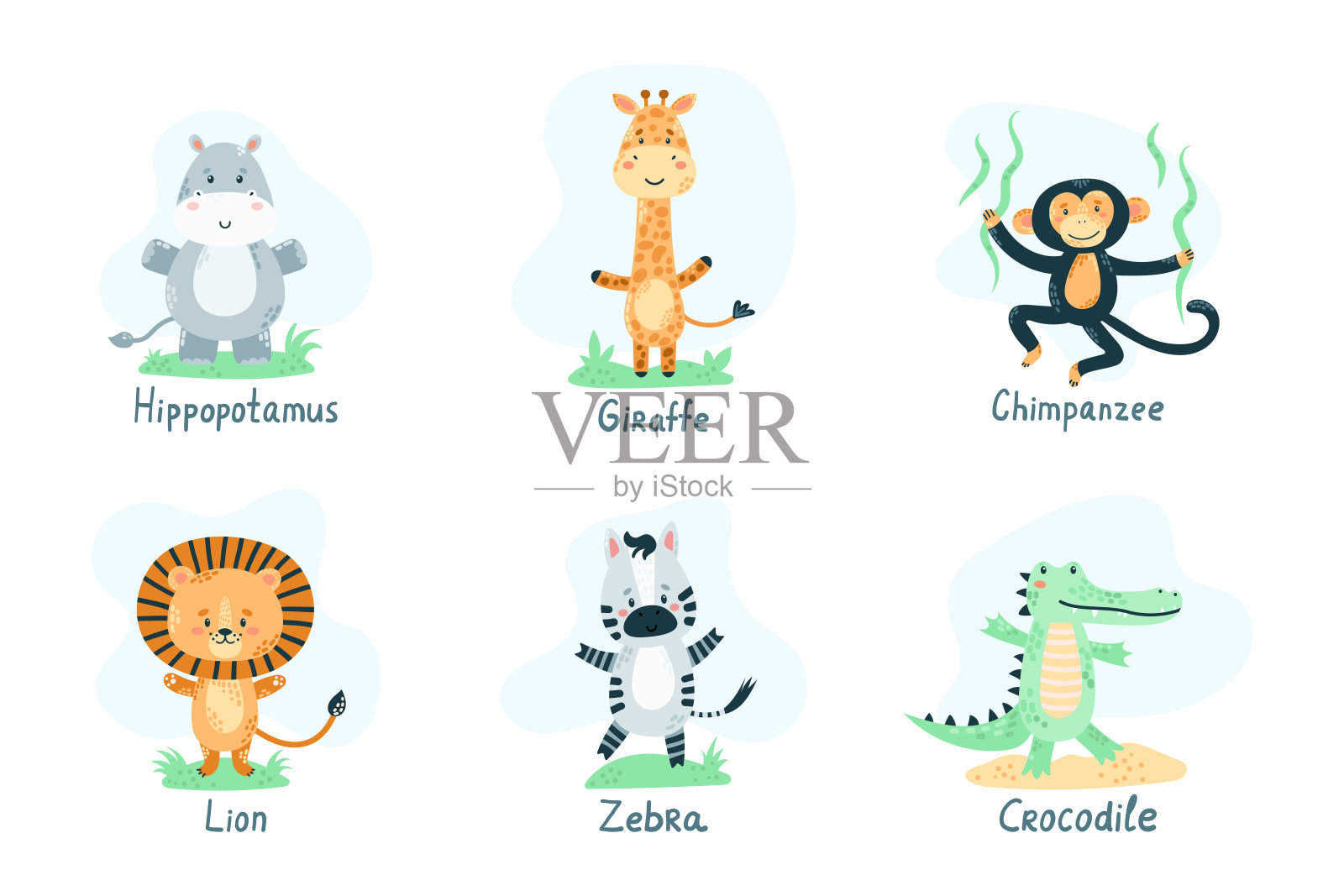 儿童可爱的动物套装。非洲动物，野生动物。可爱的性格。平面矢量图插画图片素材