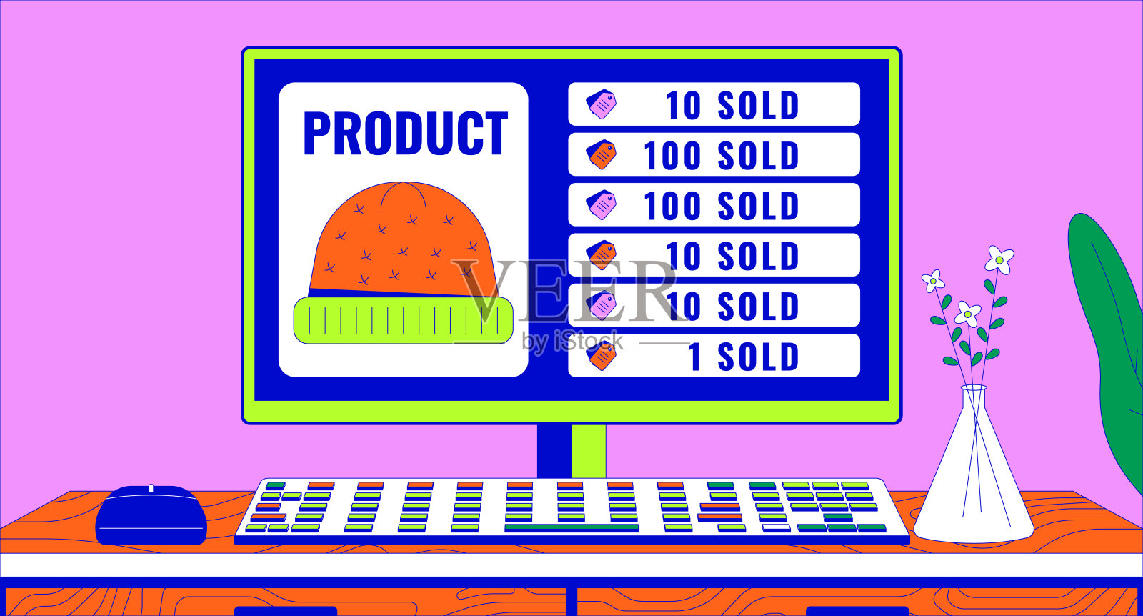 暖帽销售分析在pc显示器上的2D线性插图概念插画图片素材