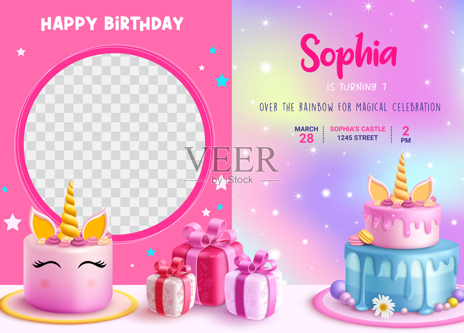 生日邀请卡矢量模板设计。用独角兽、草莓蛋糕、礼盒等元素，祝你生日快乐插画图片素材