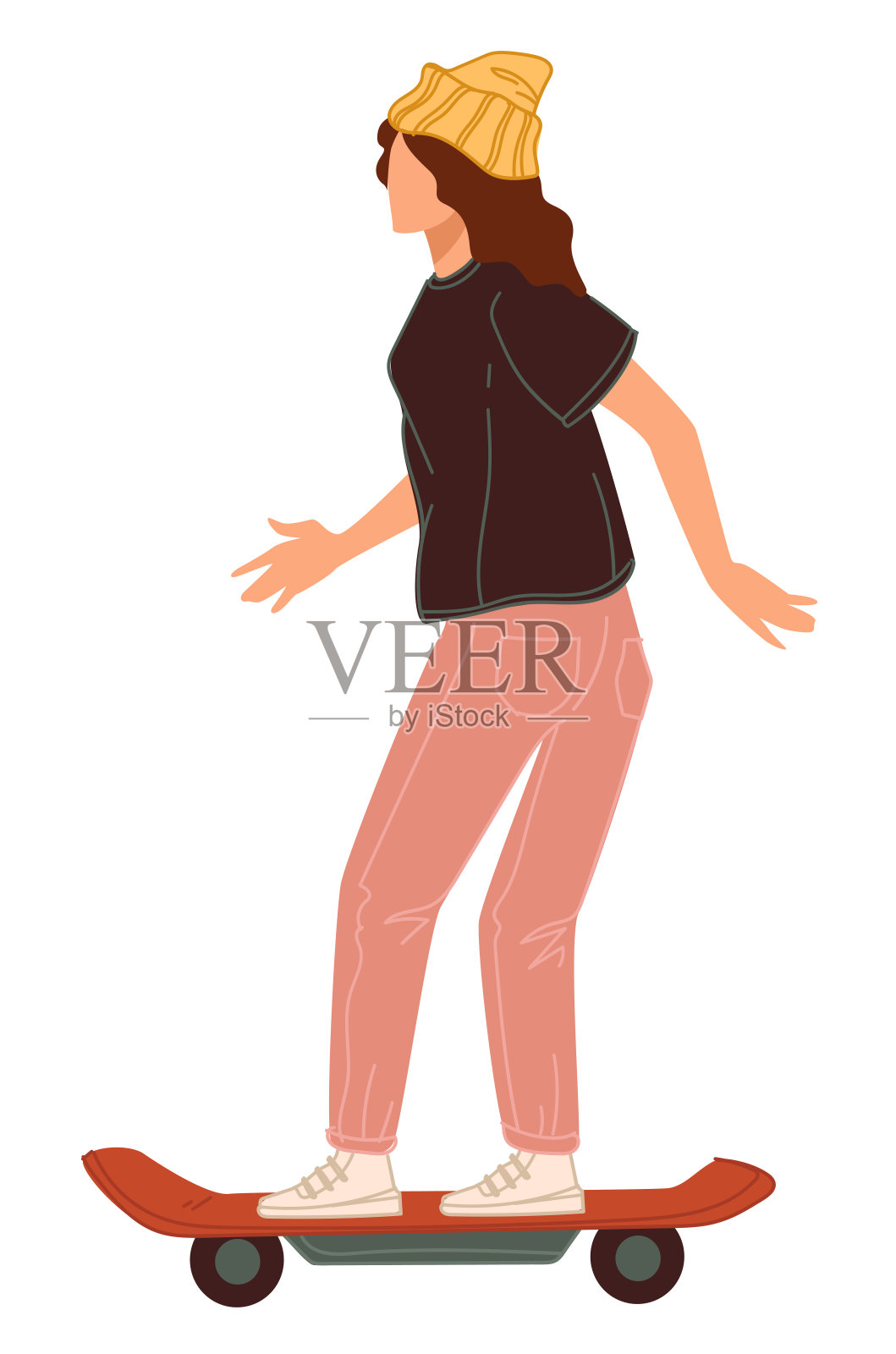十几岁的女孩在滑板上保持平衡，城市生活插画图片素材