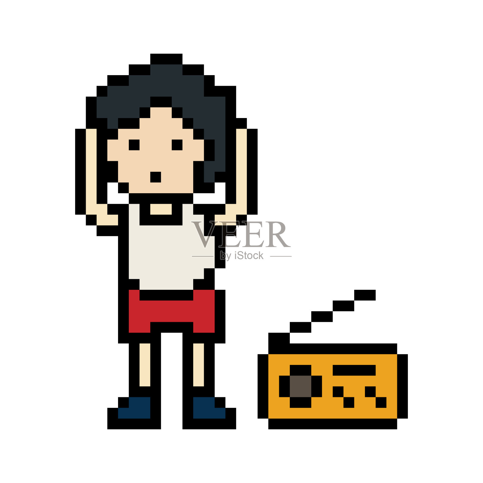 可爱的像素卡通8位人物男人锻炼训练舞蹈生活方式听音乐装饰生活方式8位男性男孩跳舞与音乐游戏健身孤立向量。插画图片素材