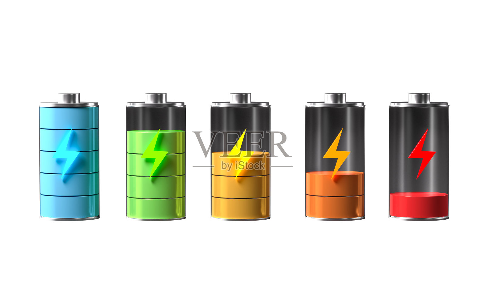 各级能量碱性电池，3d渲染。照片摄影图片