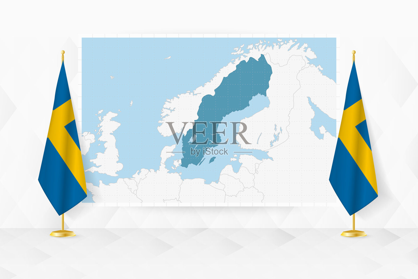 瑞典地图和旗杆上的瑞典国旗。插画图片素材