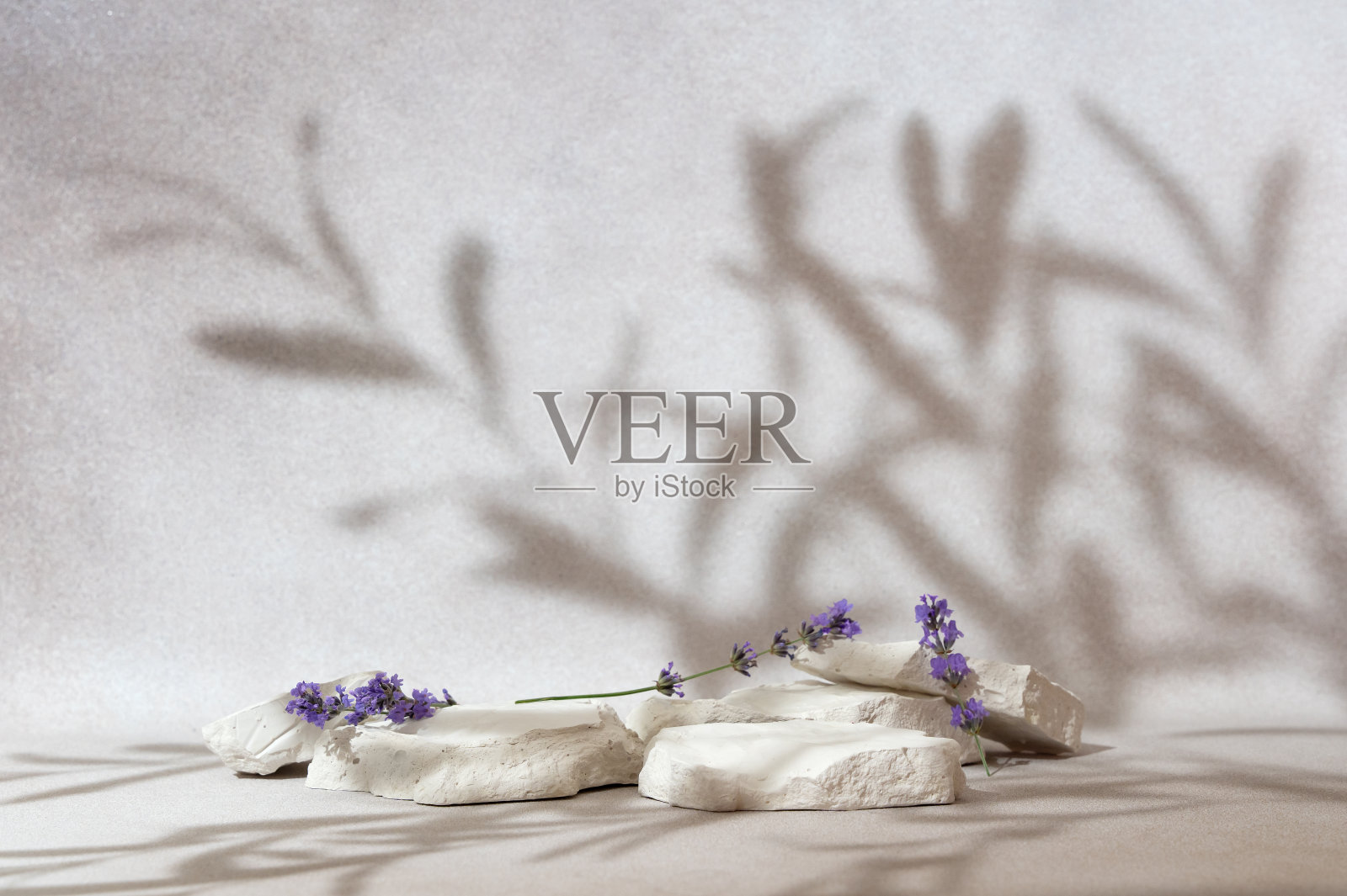 美妆产品展示模型场景，复制空间用白色石头和薰衣草花制作。构图旨在强调自然的纯净和夏日的心情。摄影工作室。照片摄影图片