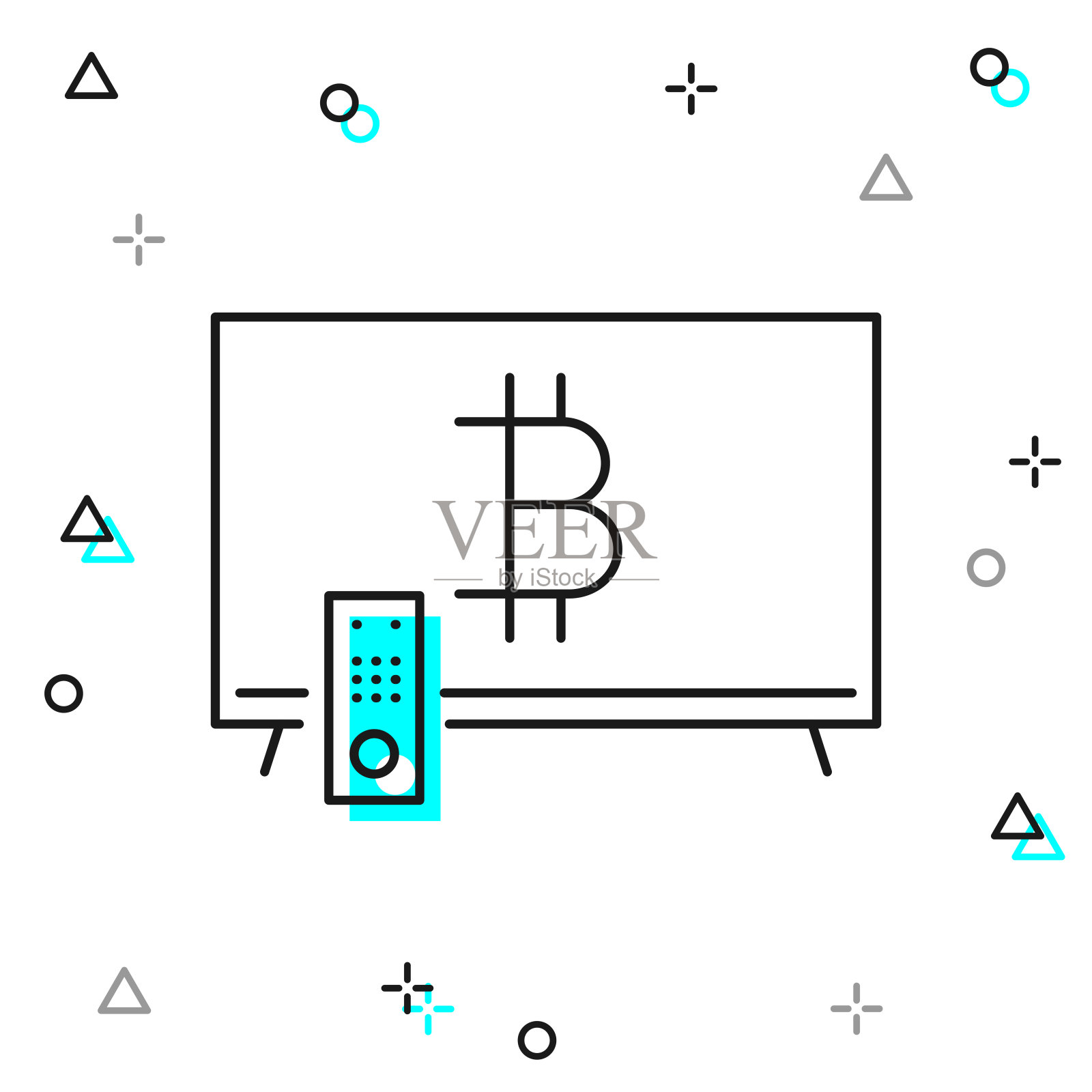 有比特币标志的电视。白色背景上的线图标插画图片素材