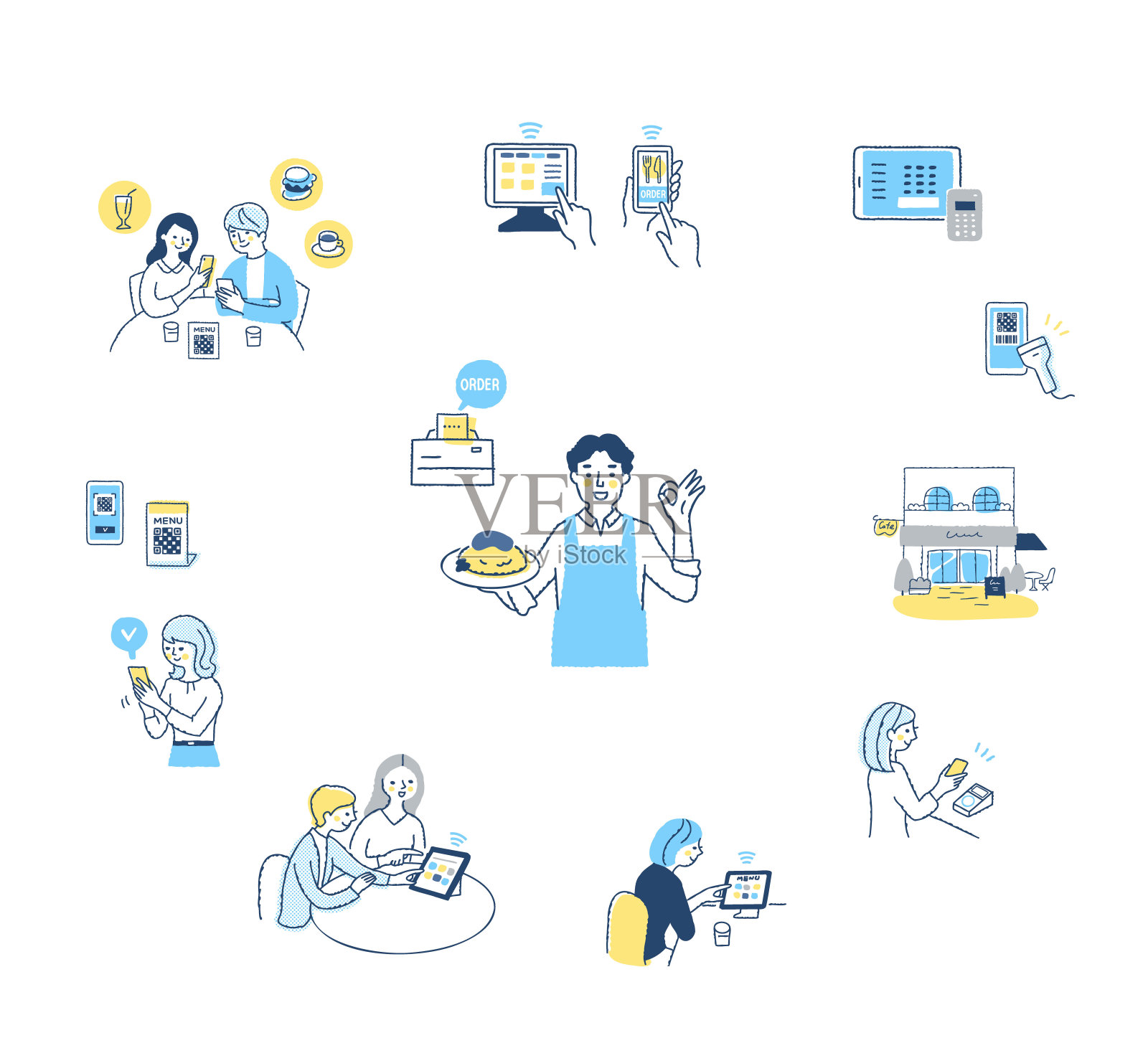 自助点餐系统和餐馆的无现金支付插画图片素材