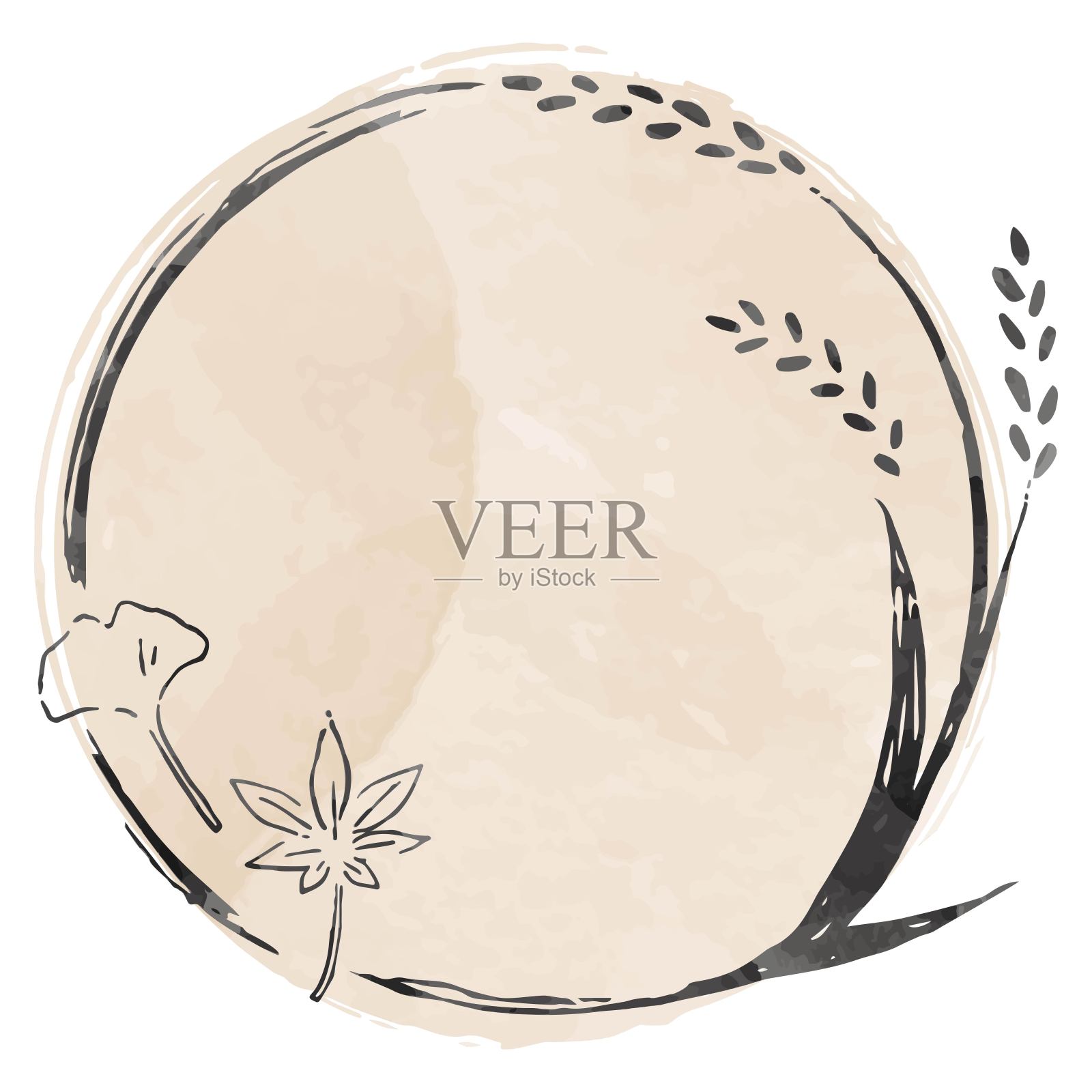 圆形，手绘，水彩框架的大米，秋叶，银杏在水墨画风格插画图片素材