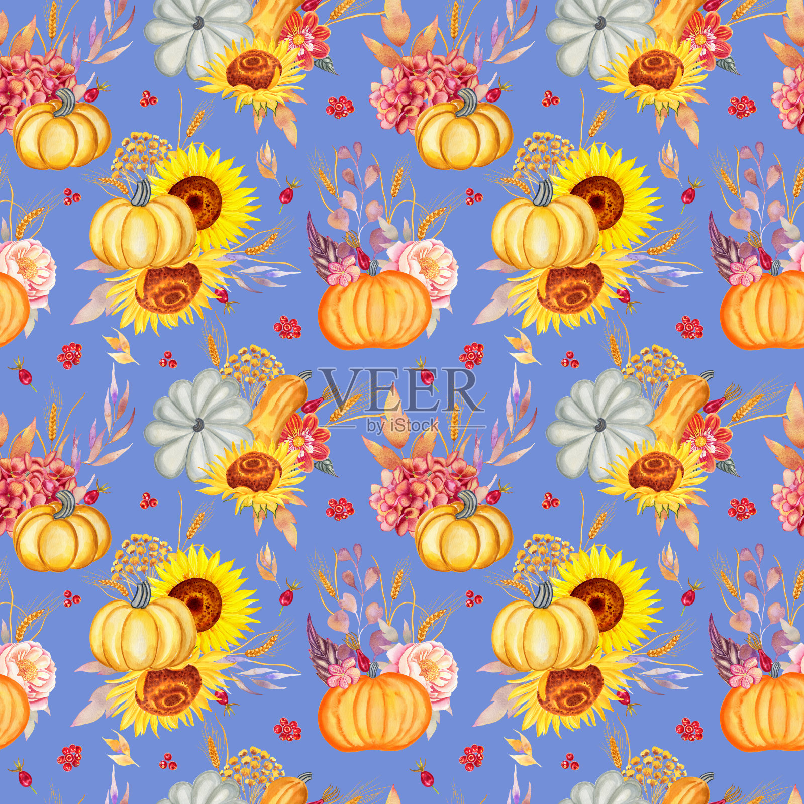 南瓜和向日葵水彩无缝图案。秋天的花和叶无尽的秋天手绘背景。用于织物和墙纸的收获和小麦季节印花。插画图片素材