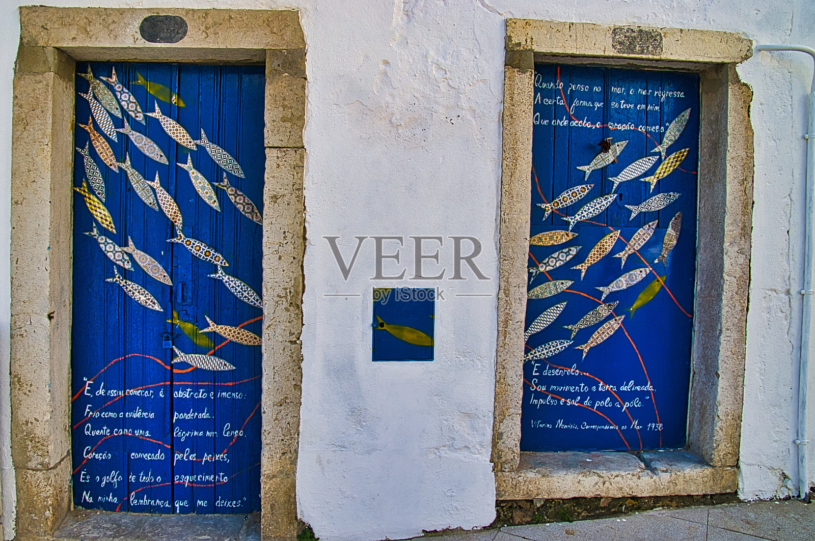 葡萄牙小镇的木门上装饰着一首诗和五颜六色的鱼画照片摄影图片