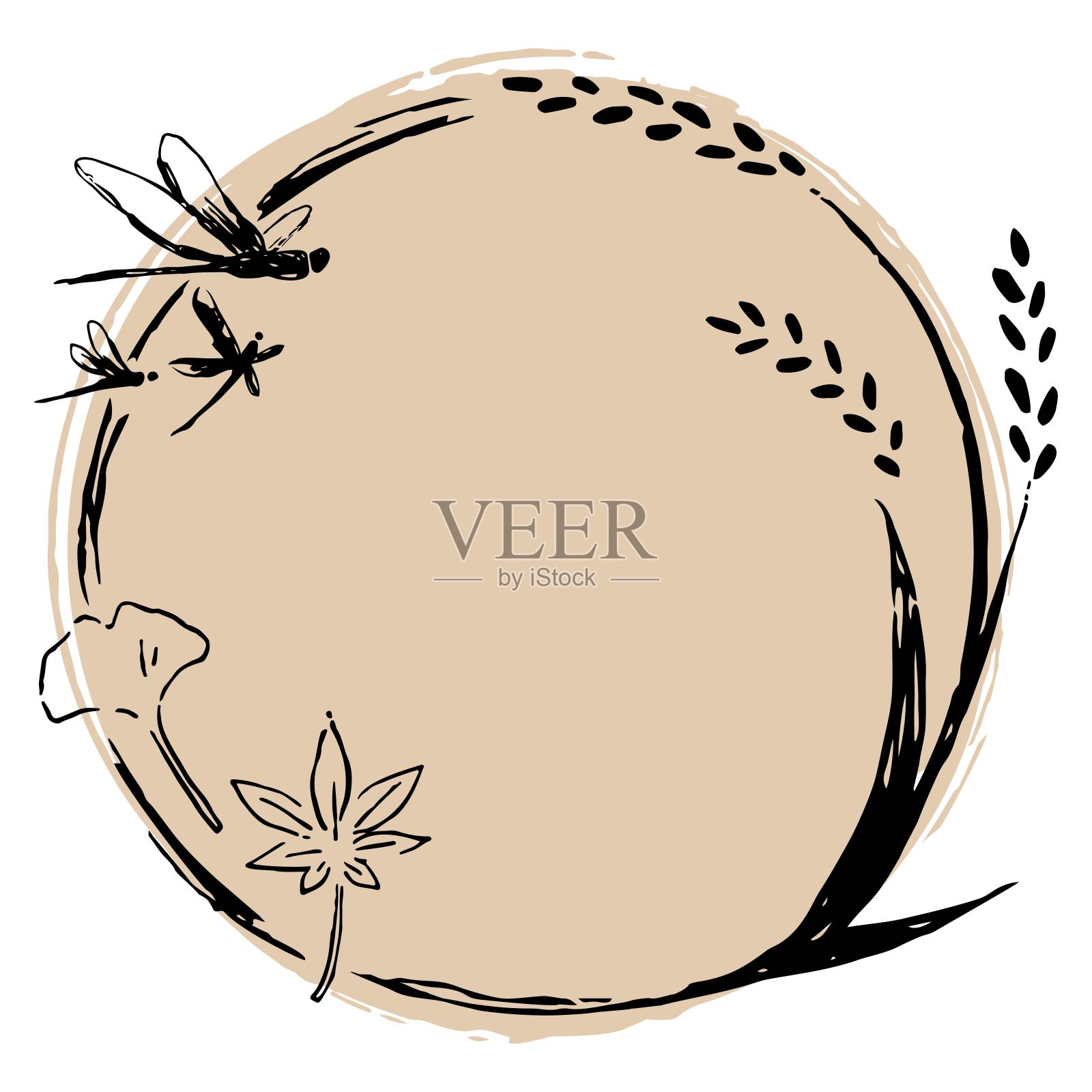 稻谷、蜻蜓、银杏、秋叶、手绘圆框插画图片素材