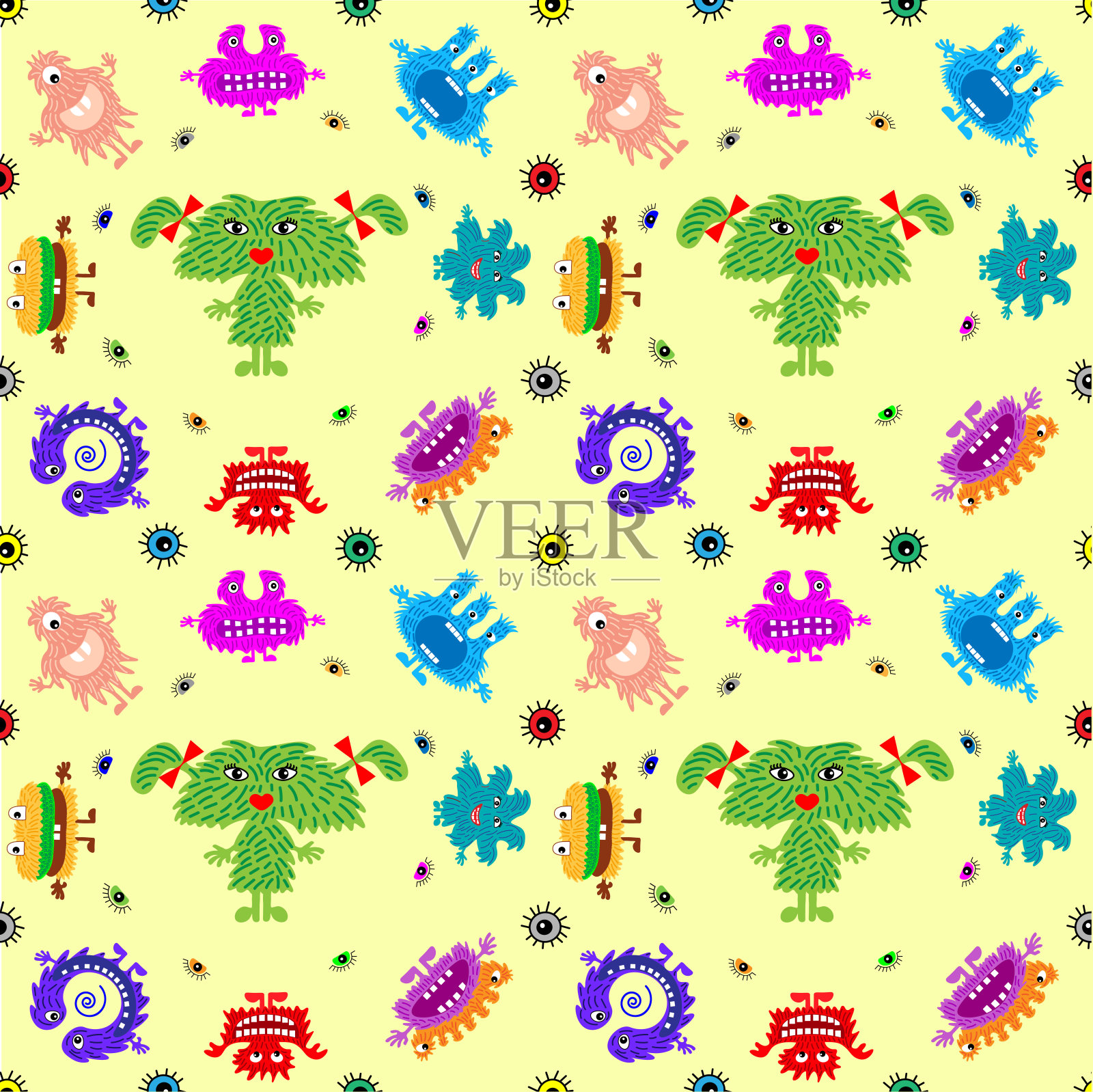 可爱的卡通怪物有不同的情绪。无缝花纹适用于儿童及青少年纺织品、印刷品、纸制品、互联网上。向量插画图片素材