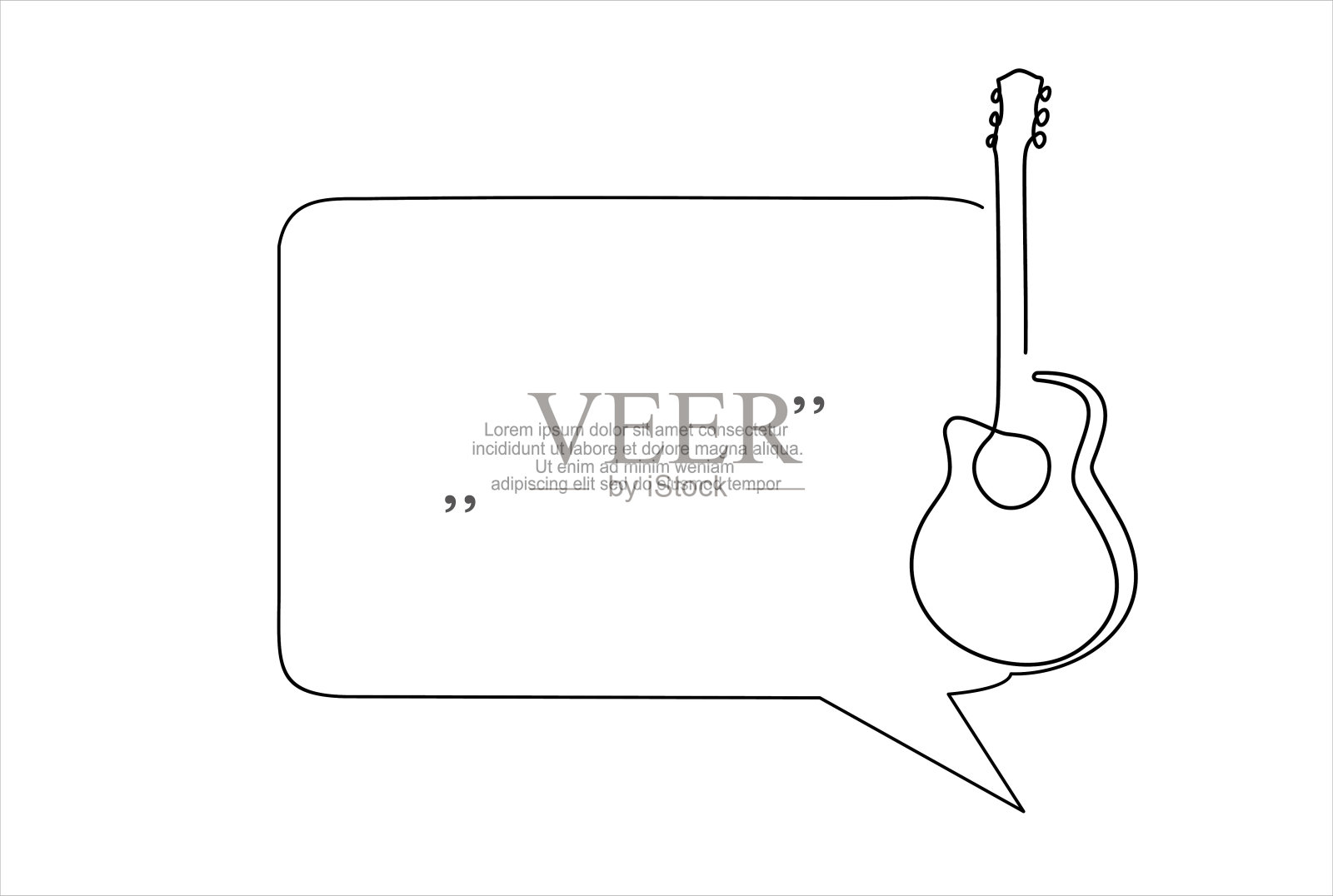 古典原声吉他和语音气泡的连续一行绘制。时尚的线条艺术矢量在一个白色的背景。矢量插图。插画图片素材