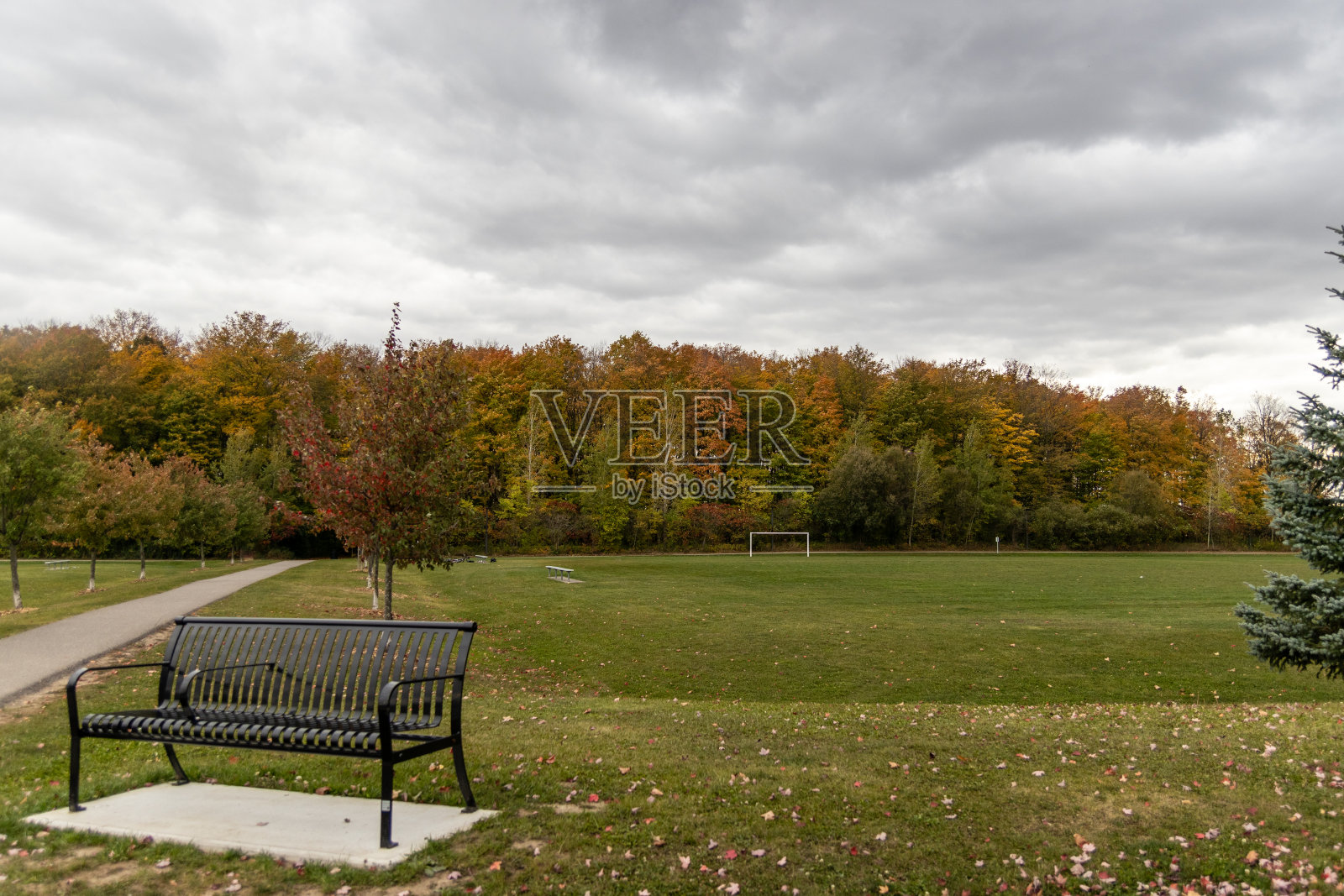 空荡荡的公园长椅 - 充满活力的秋树 - 阴沉的天空 - 蜿蜒的小路 - 草地上落叶照片摄影图片