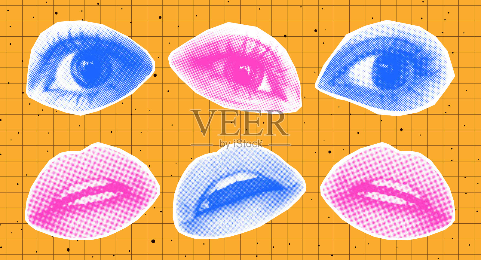 一套半色调嘴唇和眼睛在一个黄色的背景。拼贴风格的眼睛和嘴唇的现代剪纸。带有面部特征元素的撕破纸，用于社交媒体，横幅，海报设计插画图片素材