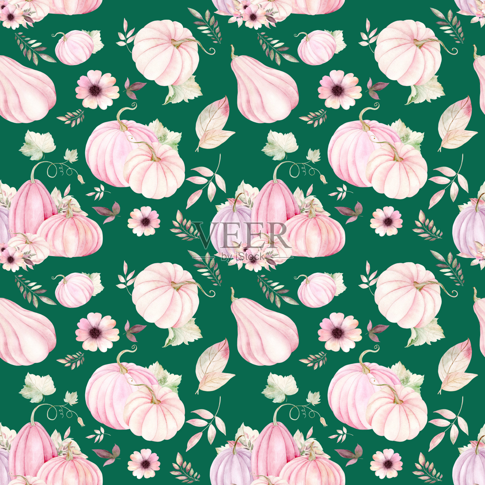 南瓜、落叶和羽毛色的花朵。万圣节插图。祖母绿背景上的无缝图案。适用于纺织品，剪贴簿，包装纸，卡片和邀请函，节日和节日装饰。插画图片素材