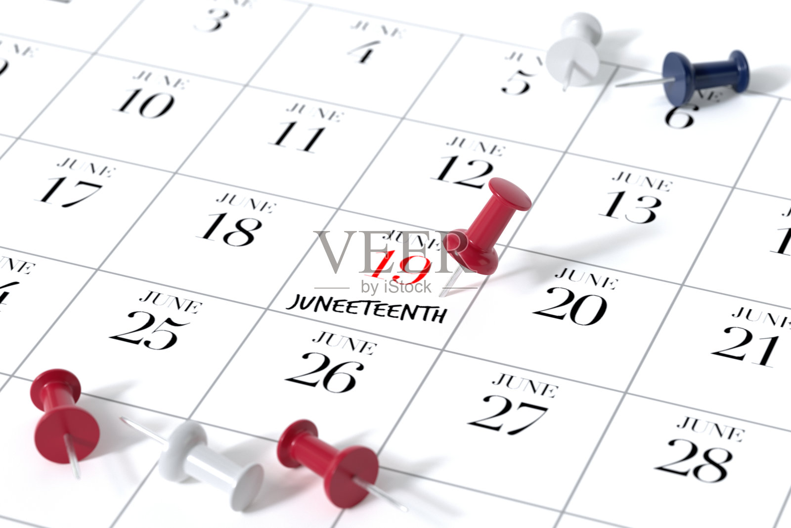 日历与红色图钉。六月概念使用白色背景。3d渲染照片摄影图片