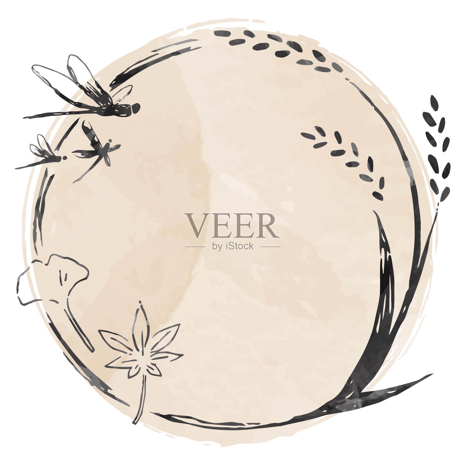 圆框稻、蜻蜓、银杏、秋叶的水墨画风格，水彩画框，手绘插画图片素材