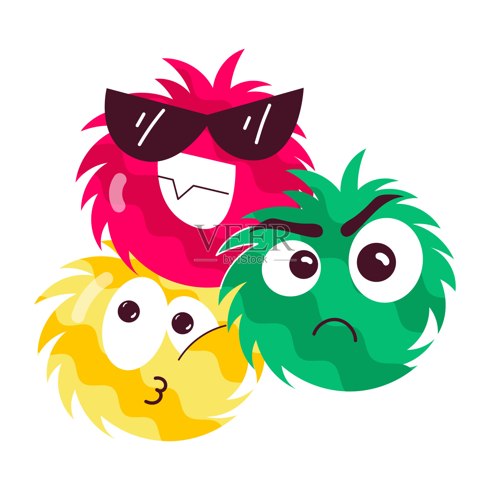 毛茸茸的泡泡，可爱的表情，扁平的涂鸦贴纸插画图片素材