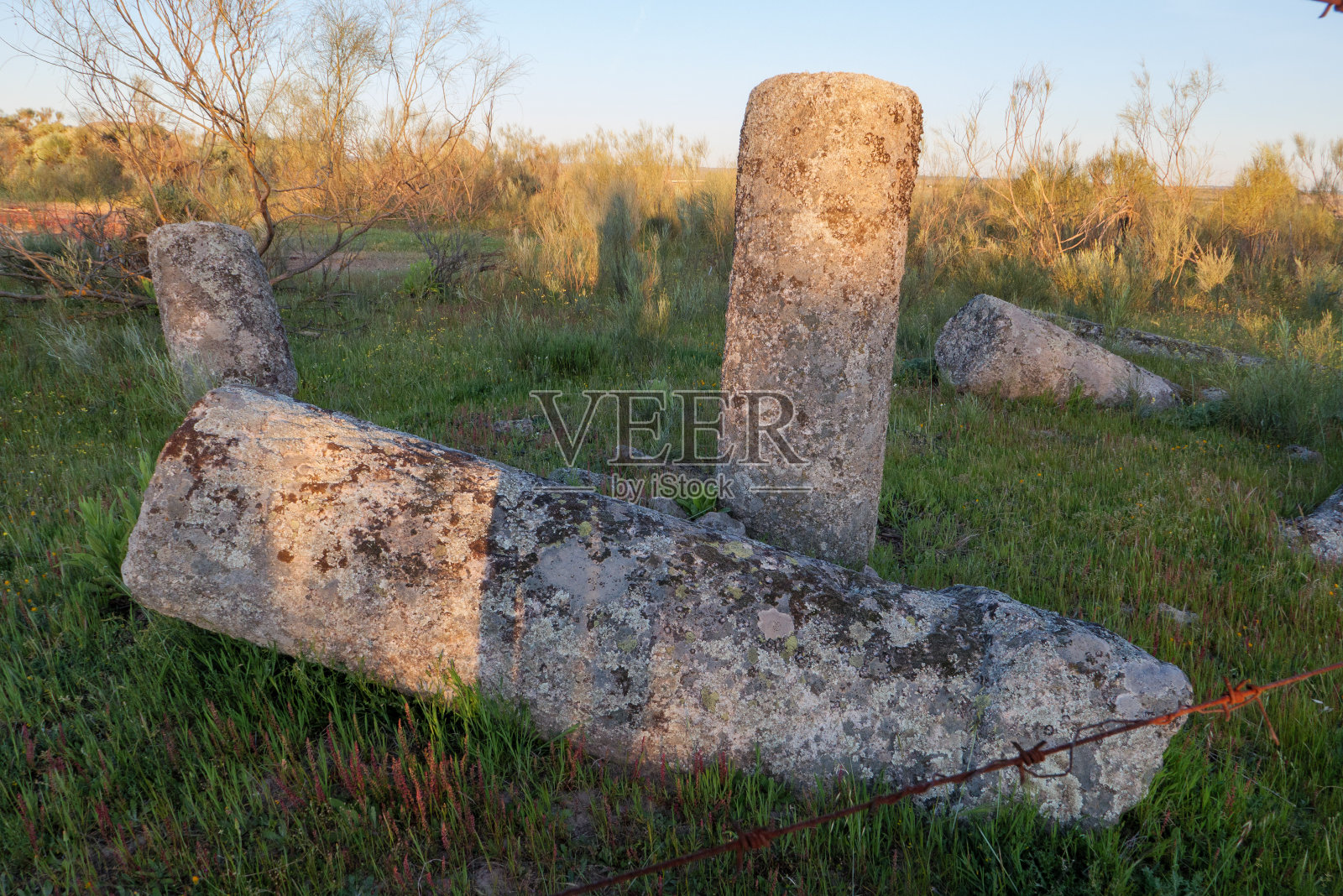西班牙埃斯特雷马杜瓦的Casar de Cáceres附近的拉普拉塔朝圣路线上的罗马里程碑照片摄影图片