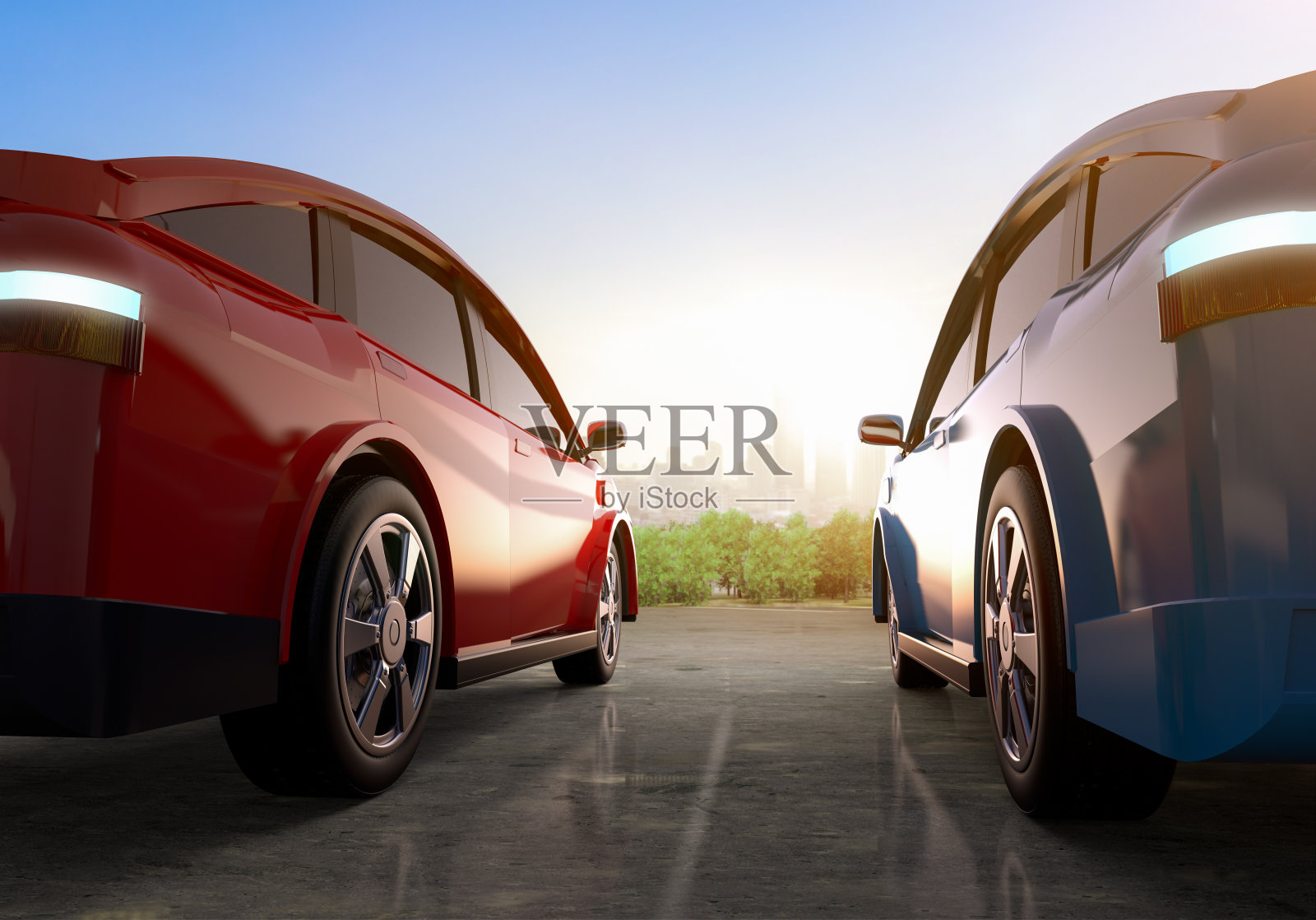 城市背景的电动汽车或电动车停车场照片摄影图片