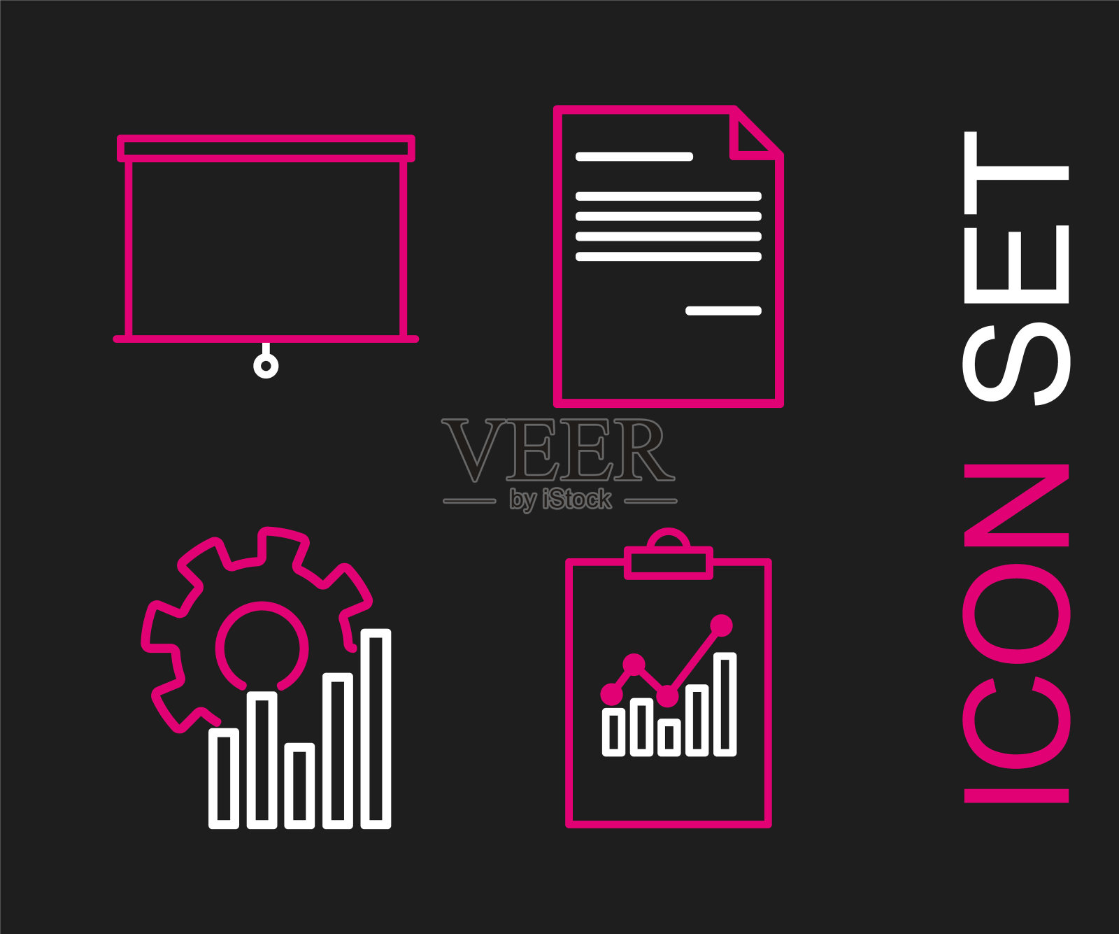 设置线剪贴板与图表，饼信息图，文档和黑板图标。向量插画图片素材