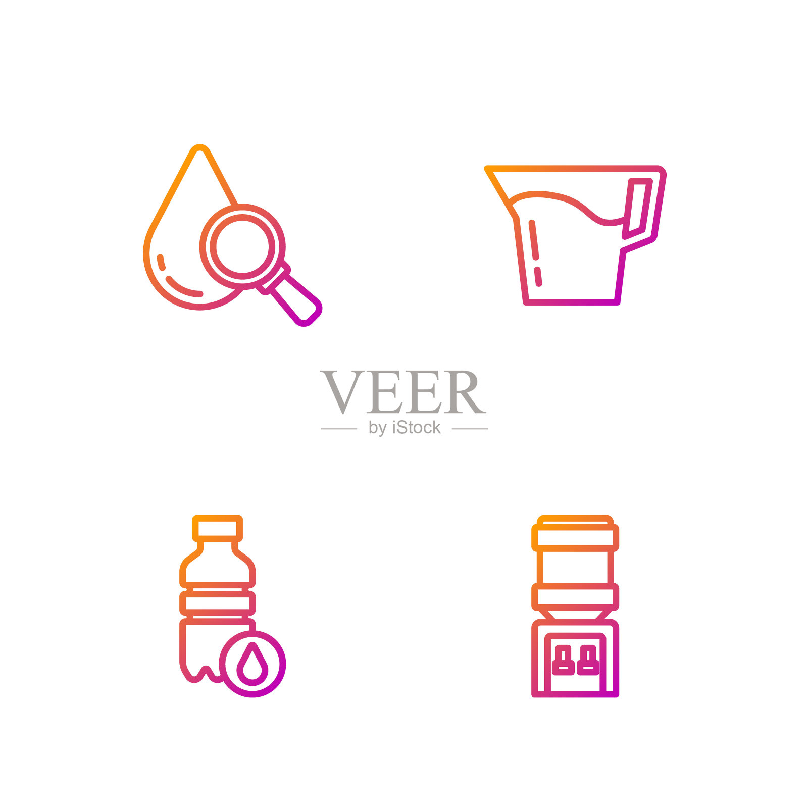 设置线冷却器，瓶装水，水滴和放大镜和水壶。渐变颜色图标。向量插画图片素材