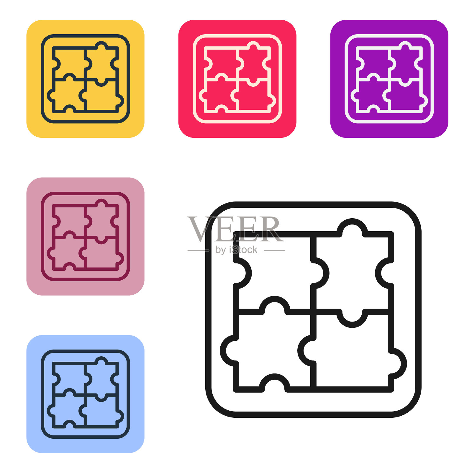 黑线解决了心理图标孤立于白底的问题。谜题。心理健康治疗。设置图标为彩色方形按钮。向量插画图片素材