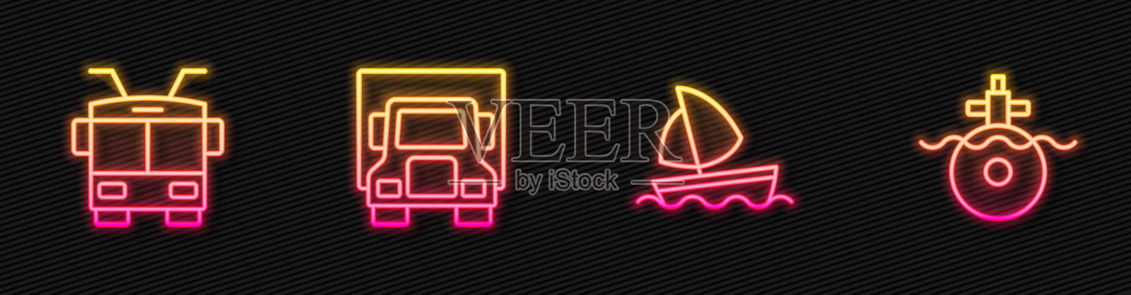 业务范围:游艇、帆船、无轨电车、货运卡车、潜艇。发光的霓虹灯图标。向量插画图片素材