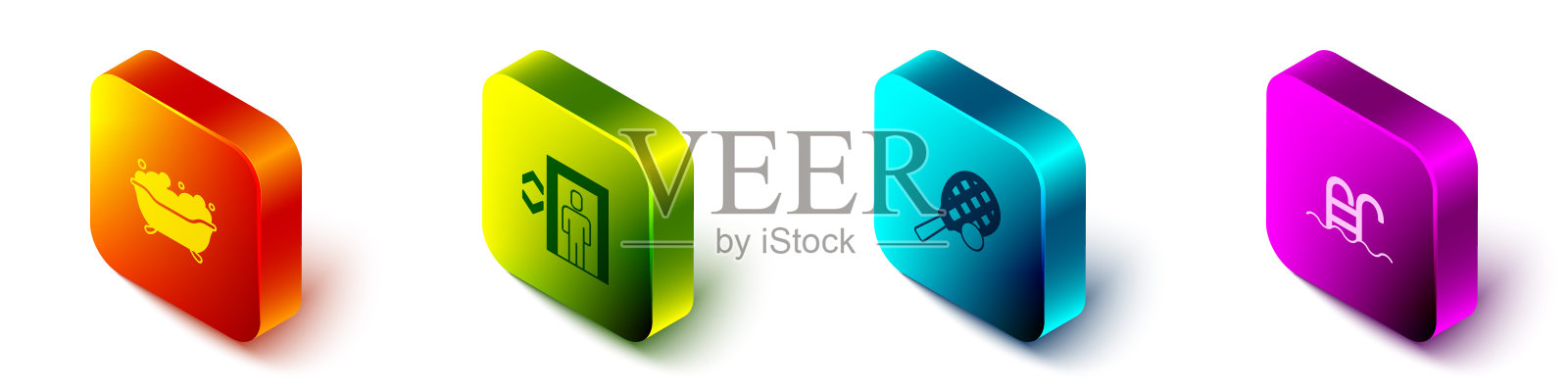 集等距浴缸，电梯，网球拍与球和游泳池图标。向量插画图片素材