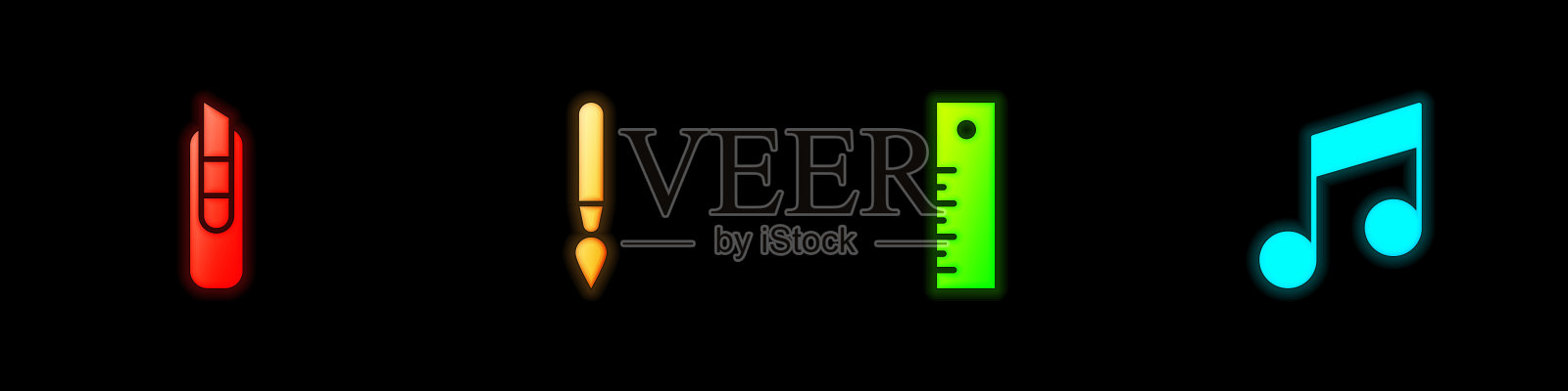 集文具刀，油漆刷，尺子和音乐笔记，音调图标。向量插画图片素材