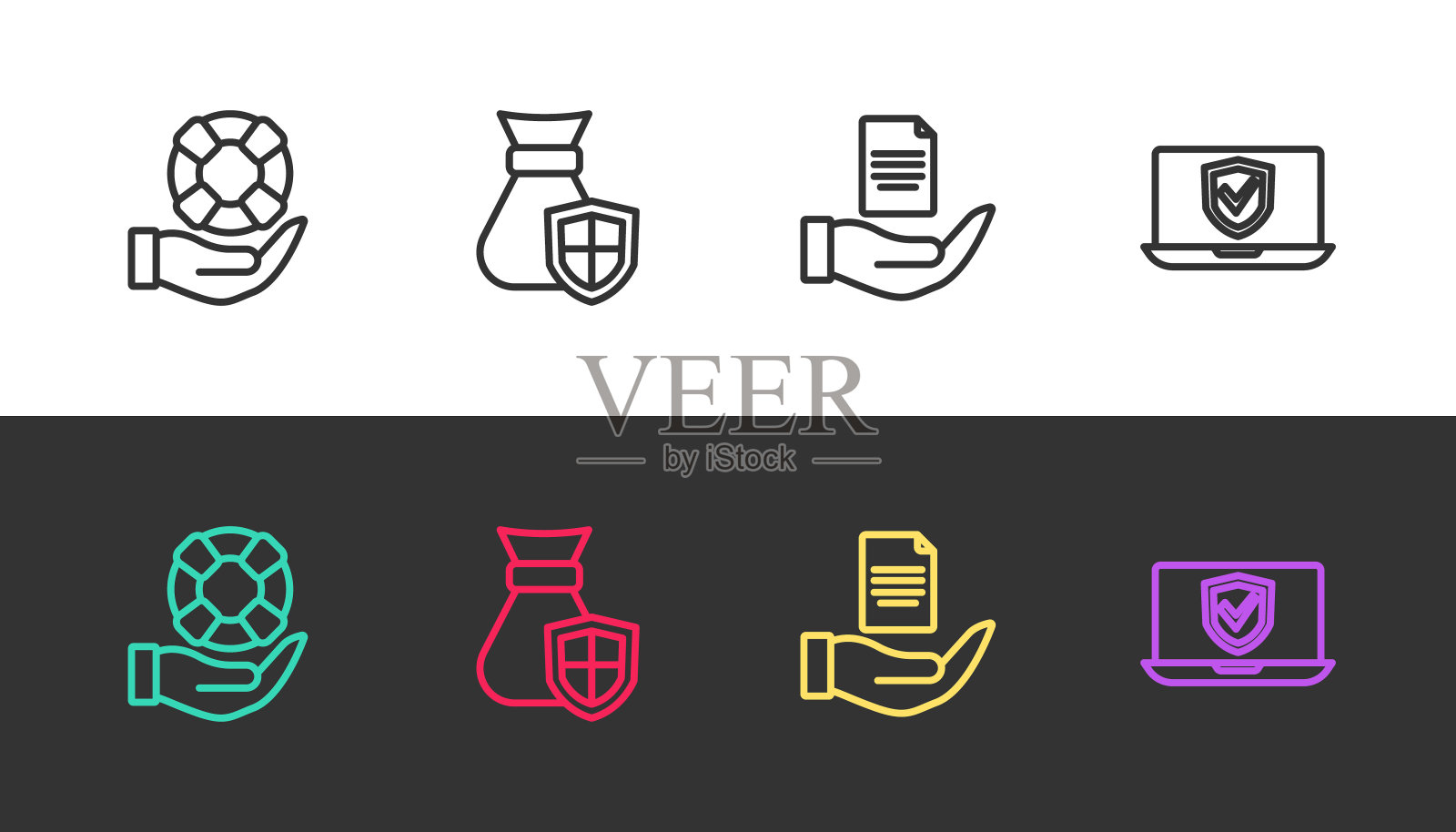 手拿救生圈，带盾的钱袋，白纸黑字的合同和保险。向量插画图片素材