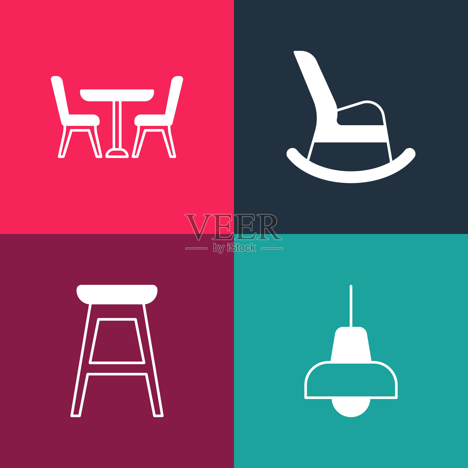 设置流行艺术灯挂，椅子，摇椅和桌子与图标。向量插画图片素材