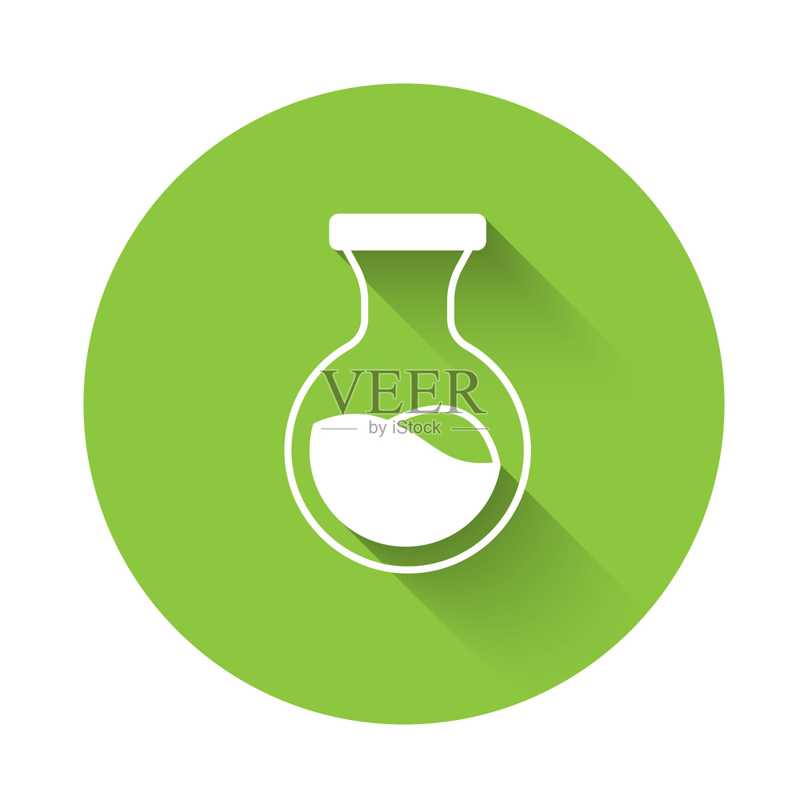 白色试管和烧瓶化学实验室测试图标孤立有长长的阴影。实验室玻璃器皿标志。绿色圆形按钮。向量插画图片素材