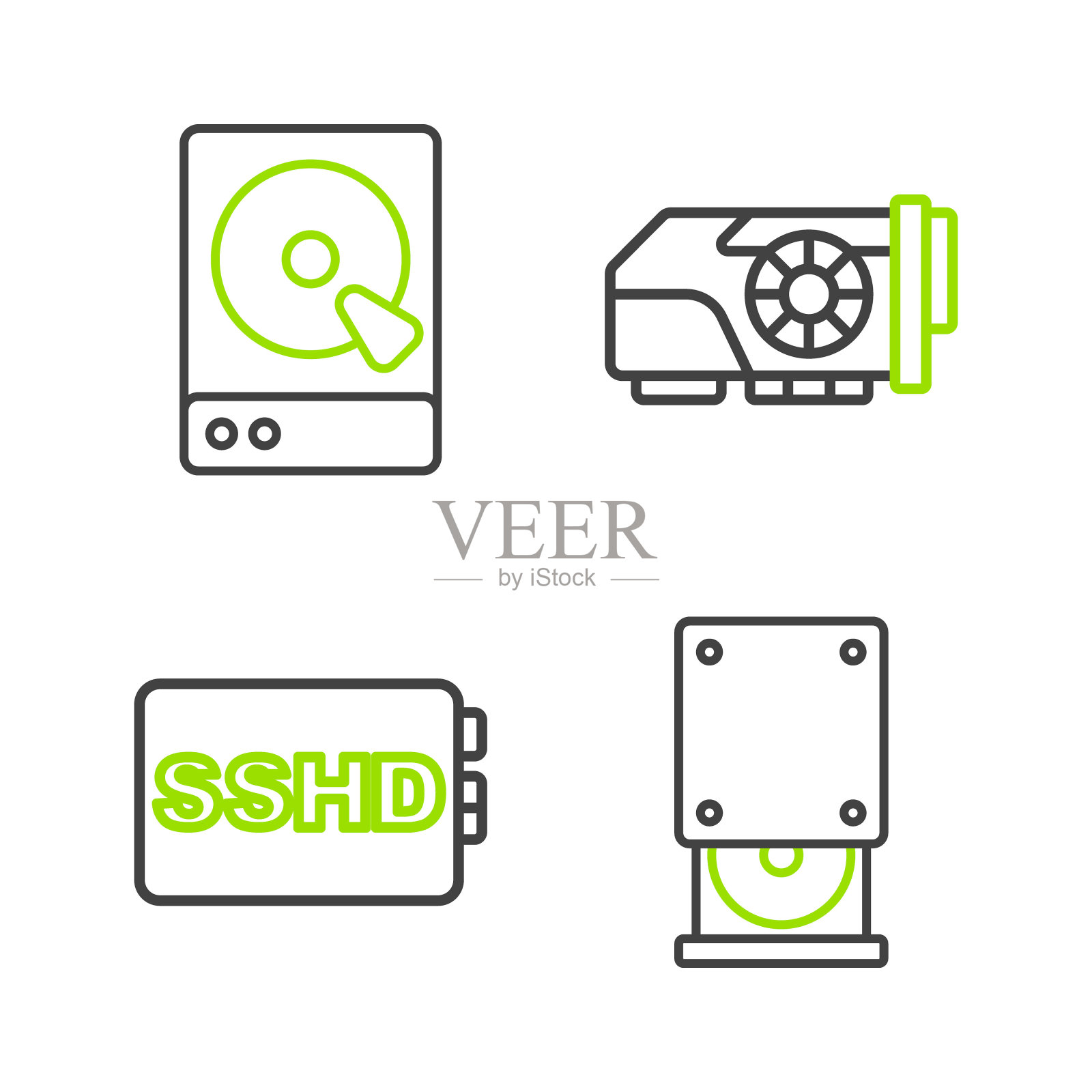 设置线光盘驱动器，SSHD卡，视频图形和硬盘HDD图标。向量插画图片素材