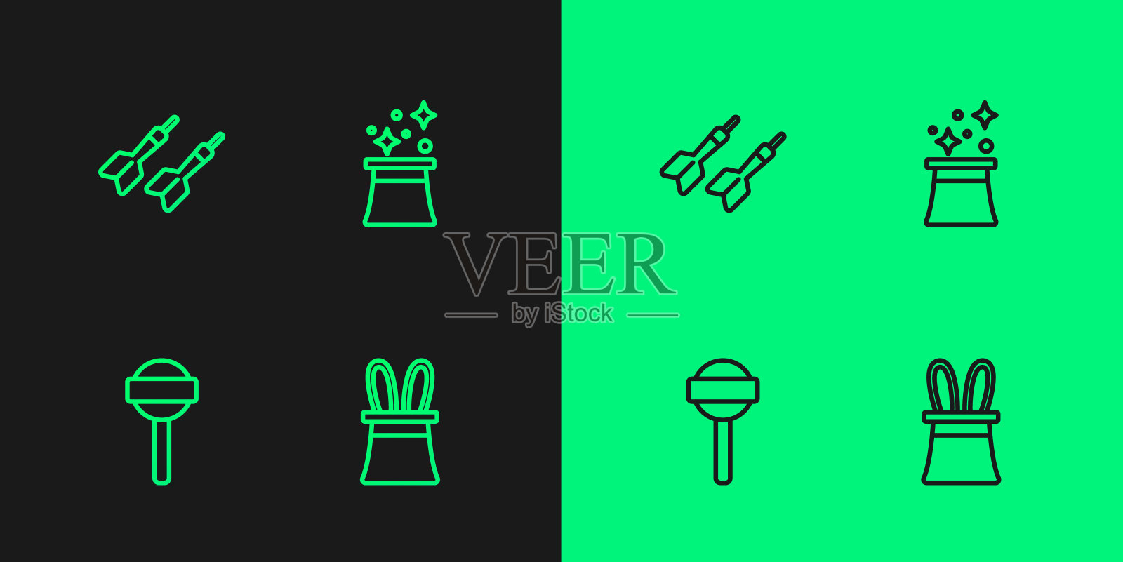 集线魔术师帽子和兔子耳朵，棒棒糖，飞镖箭头和图标。向量插画图片素材