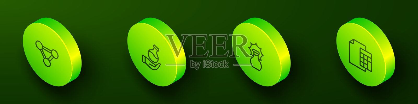 设置等距线分子，试管，爆炸在烧瓶和计算器图标。向量插画图片素材