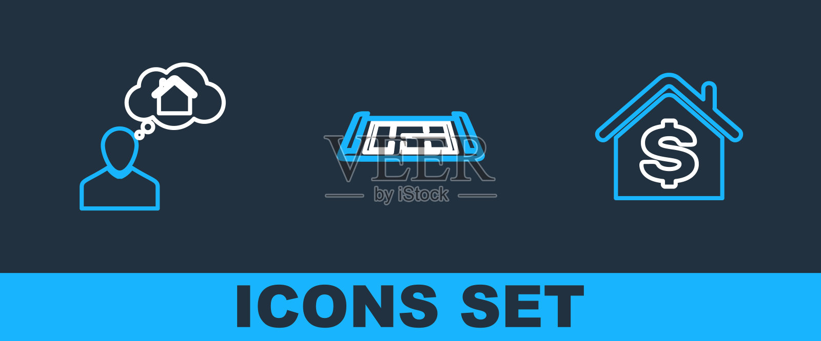 用美元设定房子，男人梦想买房，计划图标。向量插画图片素材