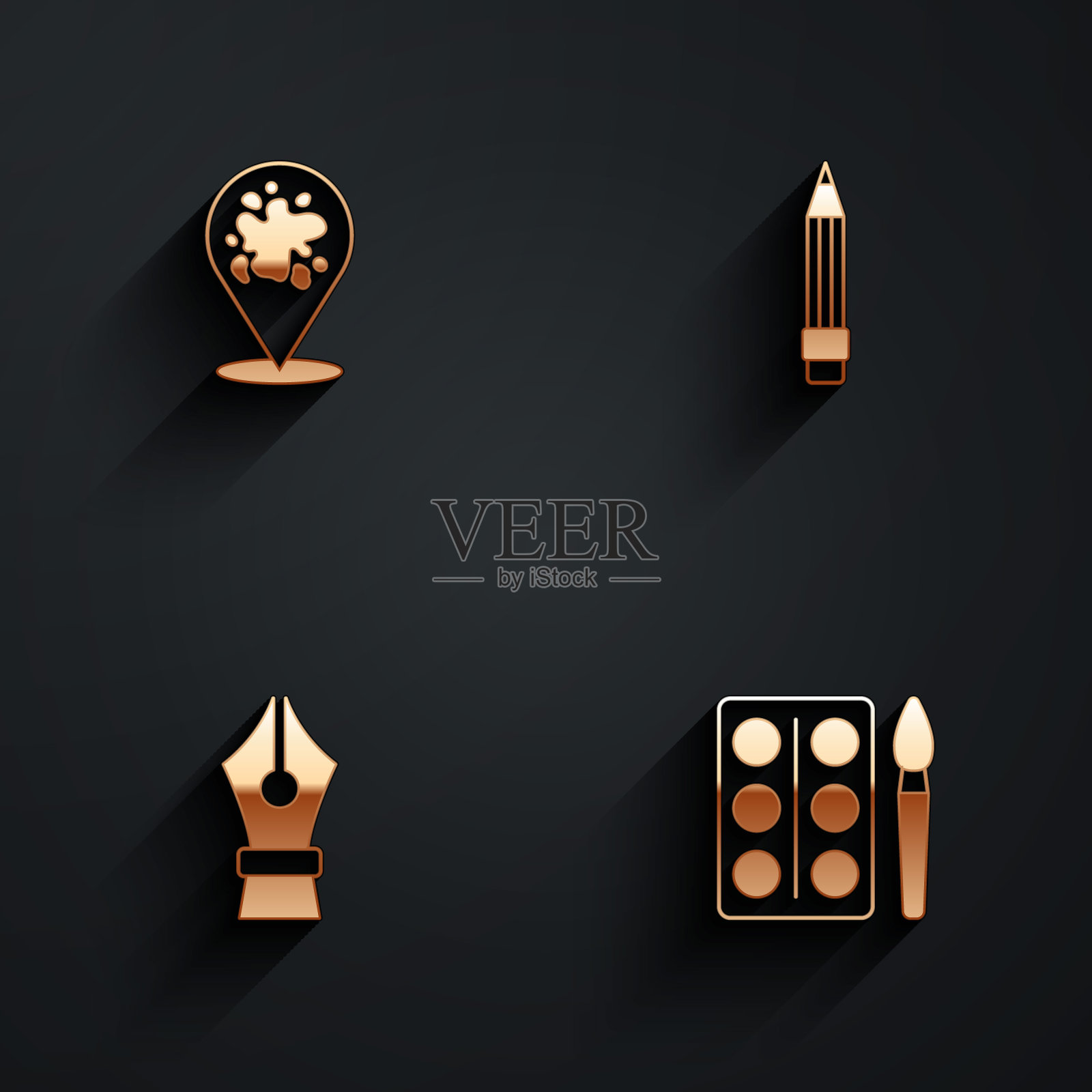 集喷漆，铅笔与橡皮擦，钢笔笔尖和水彩颜料盒图标与长阴影。向量插画图片素材