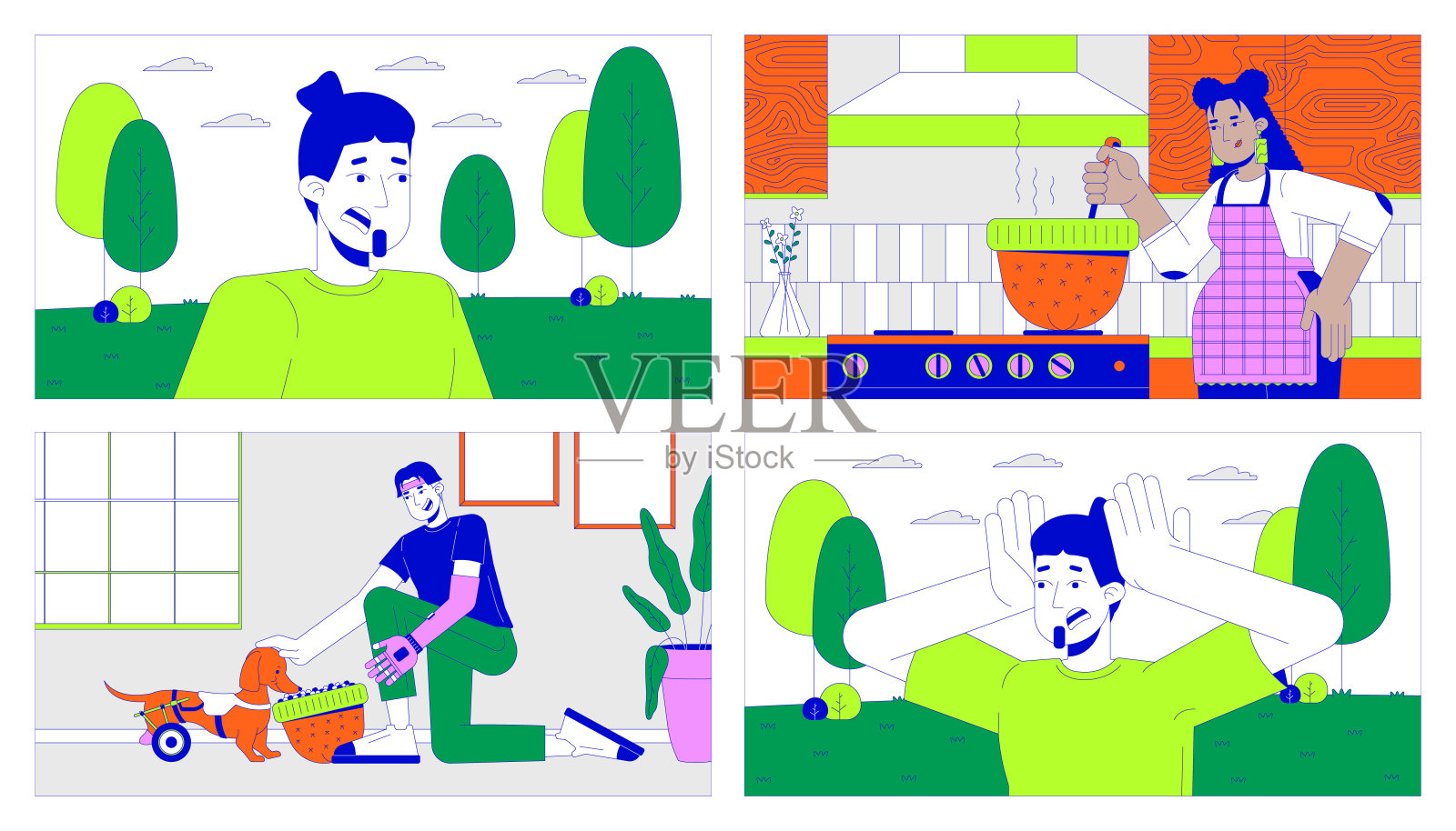 另类帽子使用和恐慌发作户外卡通平面插图集插画图片素材