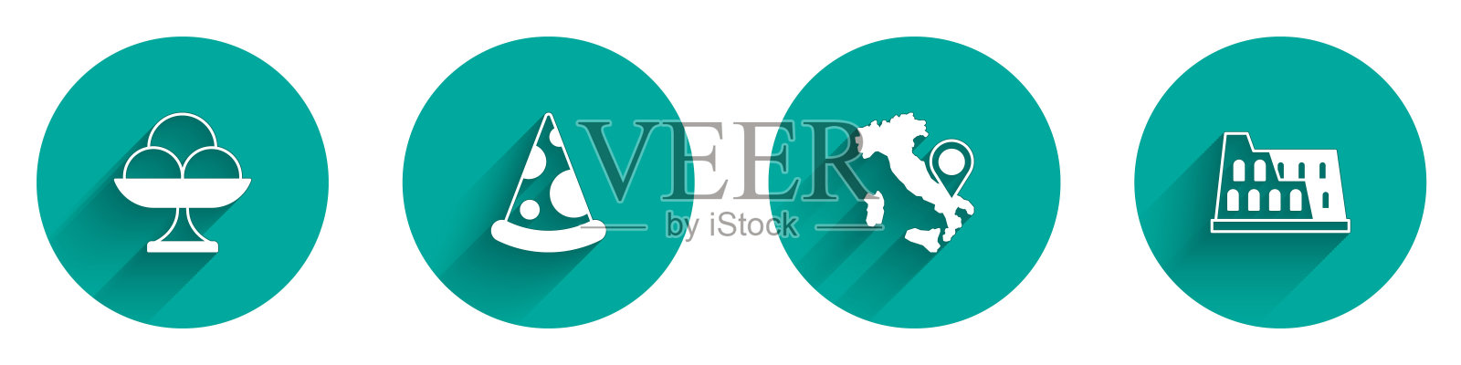 在碗里放上冰淇淋，披萨片，意大利地图和带有长影子的体育馆图标。向量插画图片素材