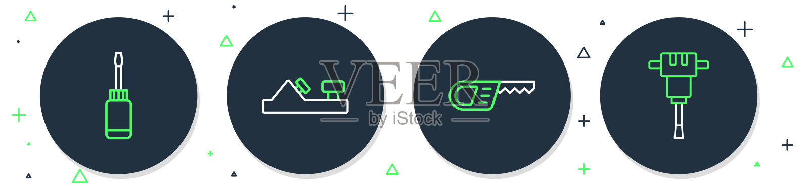 设置线木平面工具，往复锯，螺丝刀和施工手提钻图标。向量插画图片素材