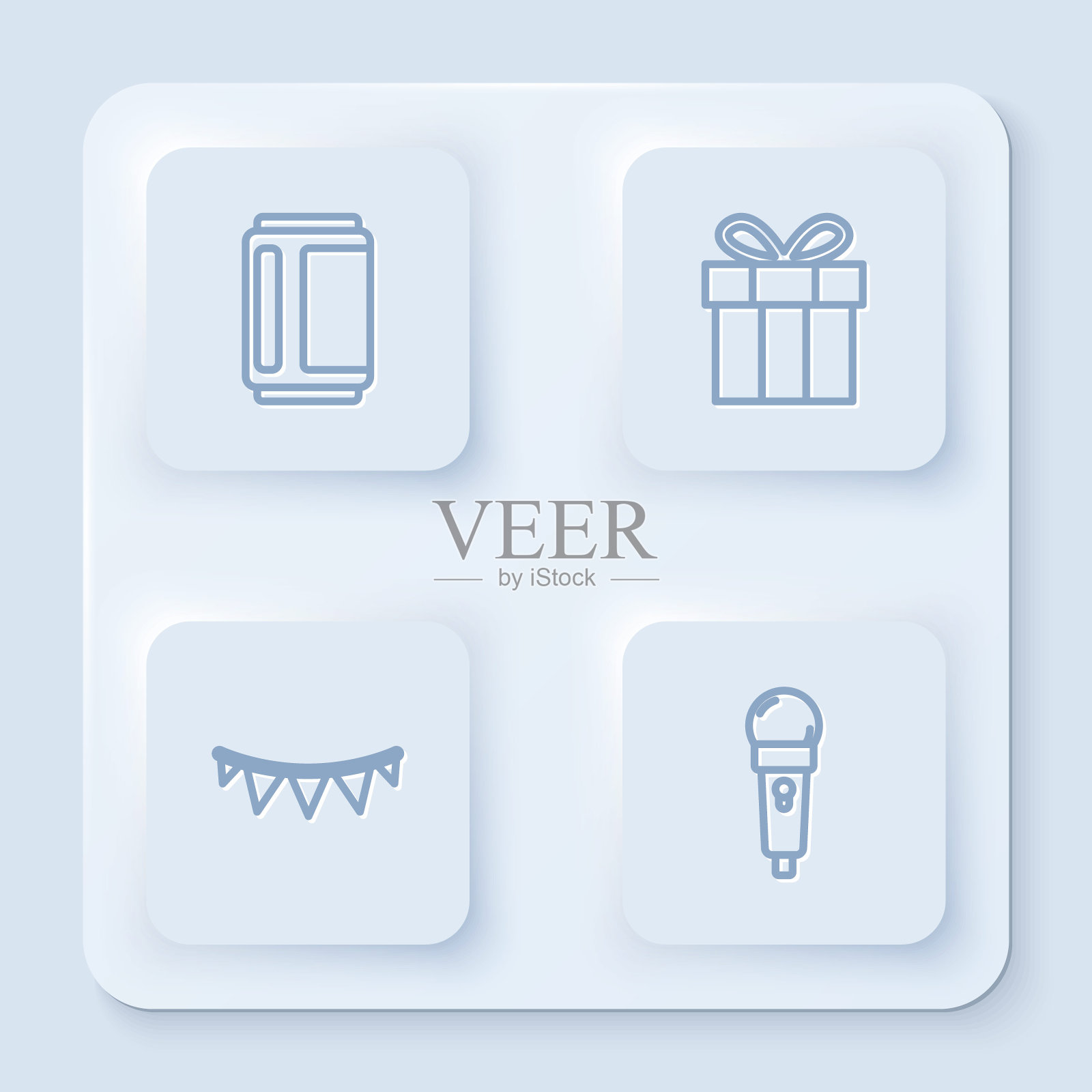 啤酒罐，礼品盒，带有旗帜的狂欢节花环和麦克风。白色方形按钮。向量插画图片素材