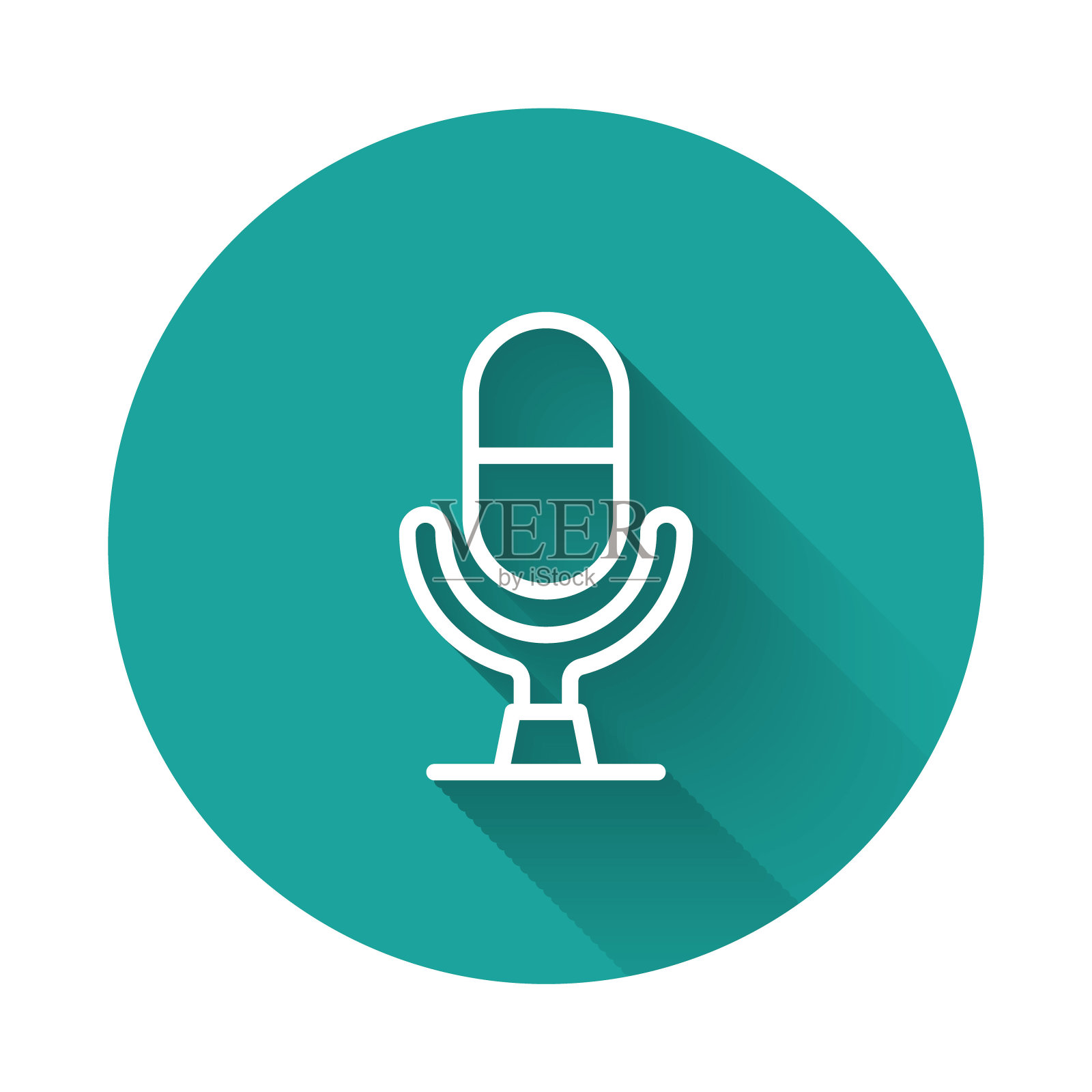 白线麦克风语音设备图标隔离与长阴影背景。麦克风翻译和字母。绿色圆形按钮。向量插画图片素材