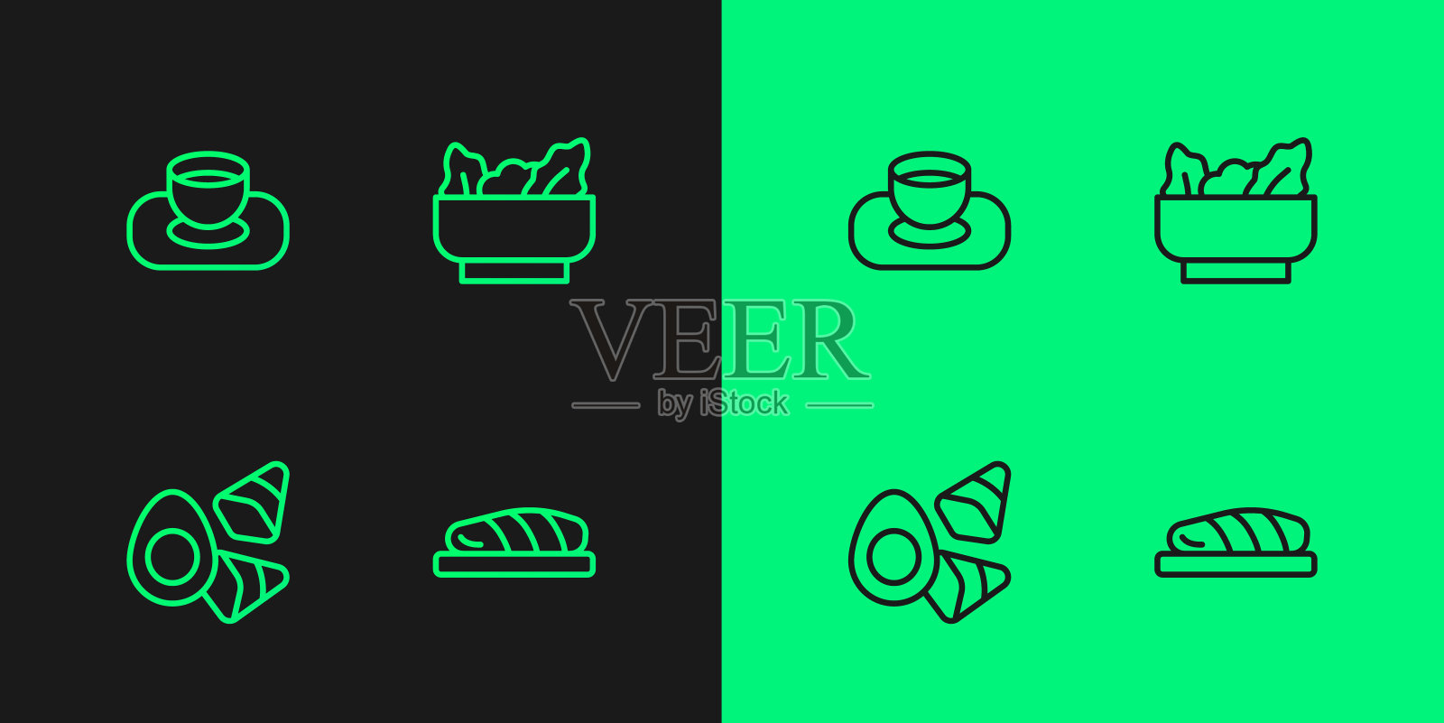 套餐:鱼排，蔬菜鸡蛋，碗酱油，馄饨。向量插画图片素材