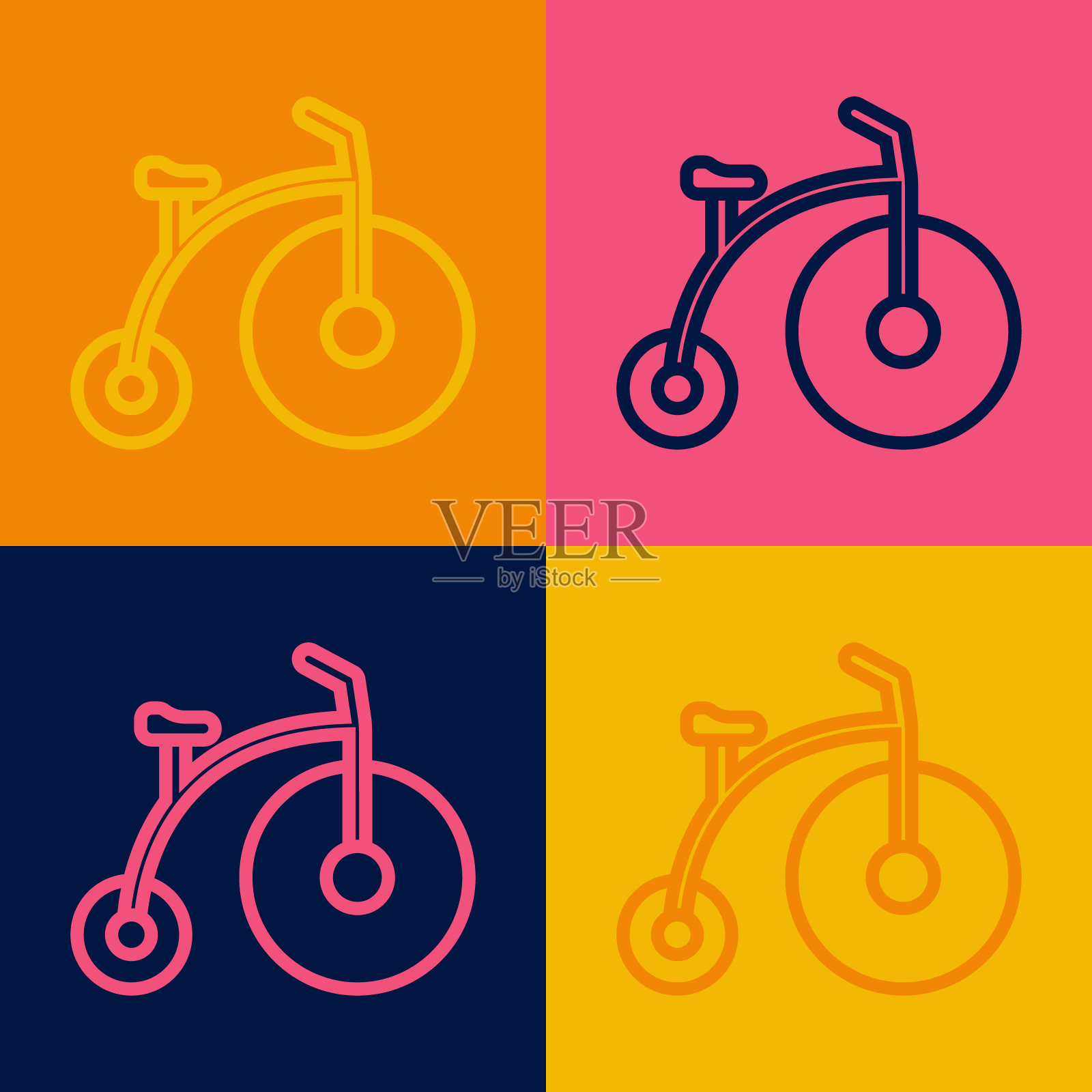 波普艺术线复古自行车与一个大轮子和一个小图标孤立的彩色背景。自行车公共交通标志。向量插画图片素材
