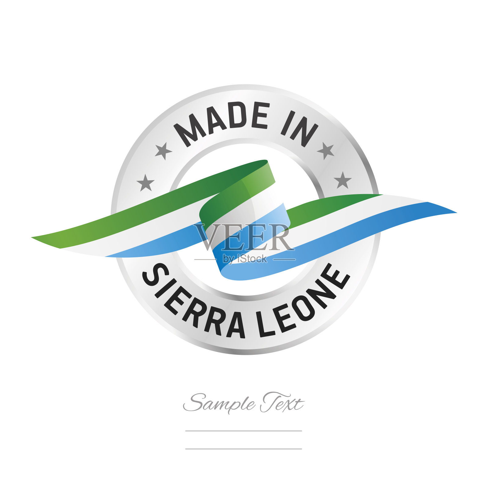 塞拉利昂制造。塞拉利昂国旗丝带与圆形银环印章印章图标。塞拉利昂标志标签矢量隔离在白色背景上插画图片素材