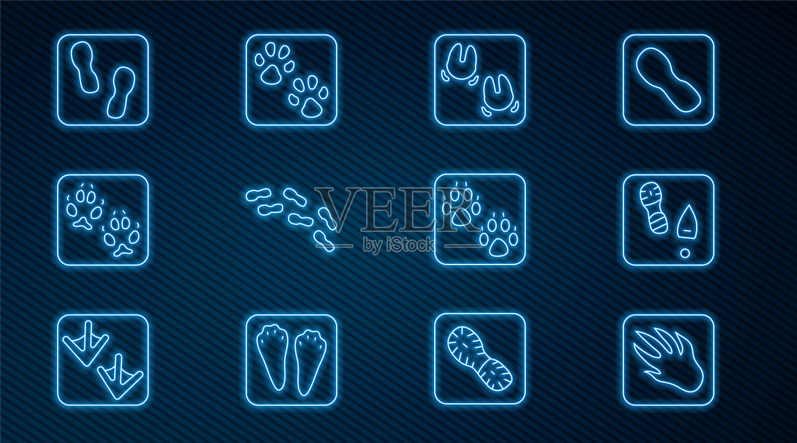 集线鳄鱼脚印，人类脚印鞋，野猪爪，狐狸爪和图标。向量插画图片素材